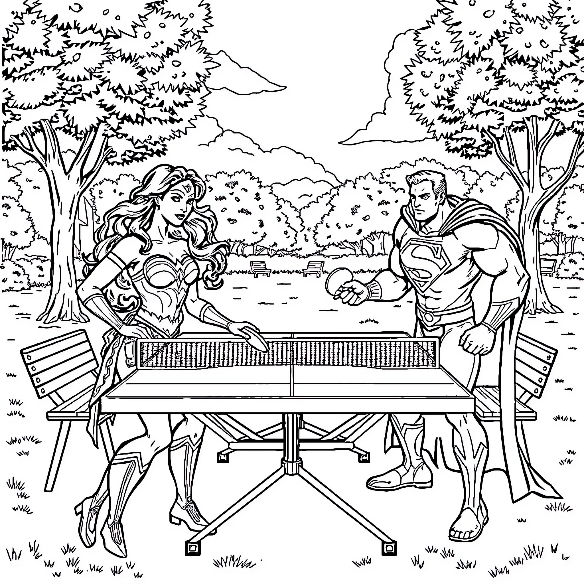 Wonder Woman and Superman playing ping-pong in the park Coloring Page (free black-and-white line drawing printable PDF for all, from beginners to advanced learners, including children, teens, adults, and seniors)