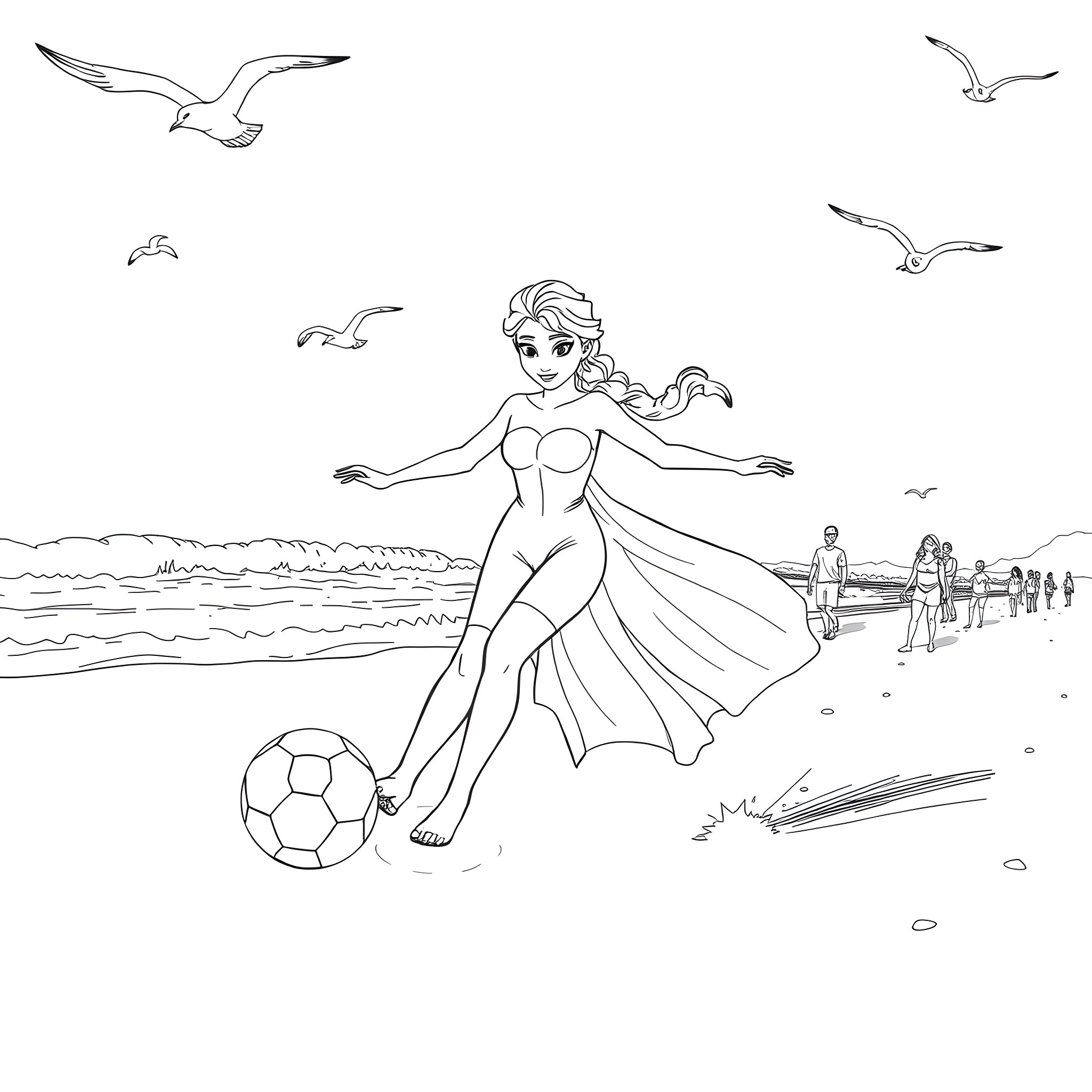 Elsa playing with a soccer ball on the beach Coloring Page (free black-and-white line drawing printable PDF for all, from beginners to advanced learners, including children, teens, adults, and seniors)
