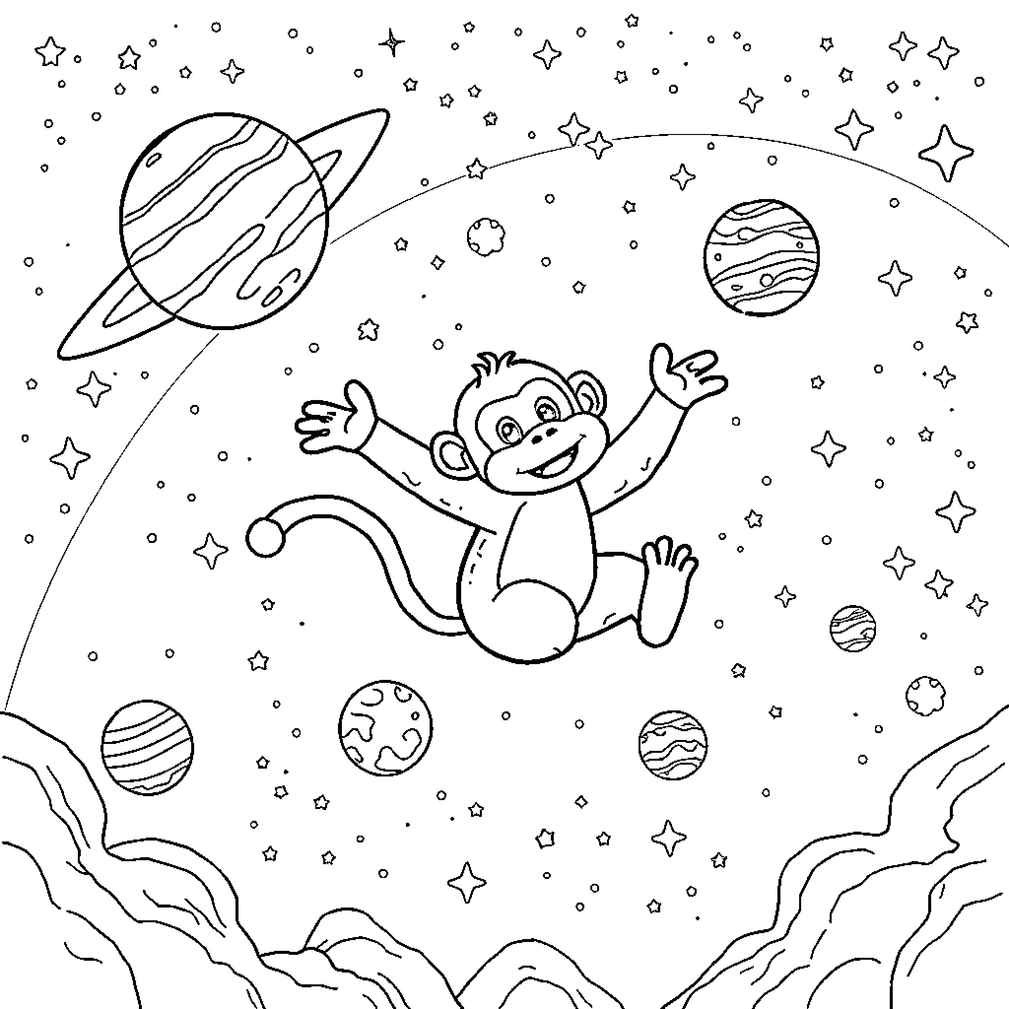 Monkey exploring the wonders of outer space Coloring Page (free black-and-white line drawing printable PDF for all, from beginners to advanced learners, including children, teens, adults, and seniors)