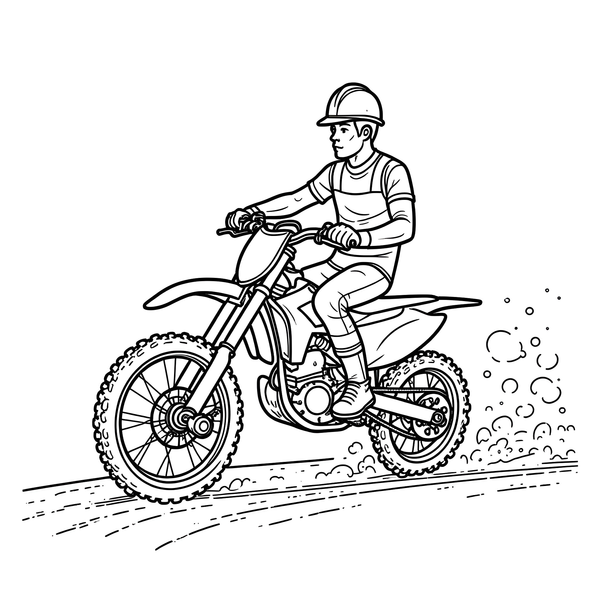 Construction Worker riding off-road motorcycle Coloring Page (free black-and-white line drawing printable PDF for all, from beginners to advanced learners, including children, teens, adults, and seniors)