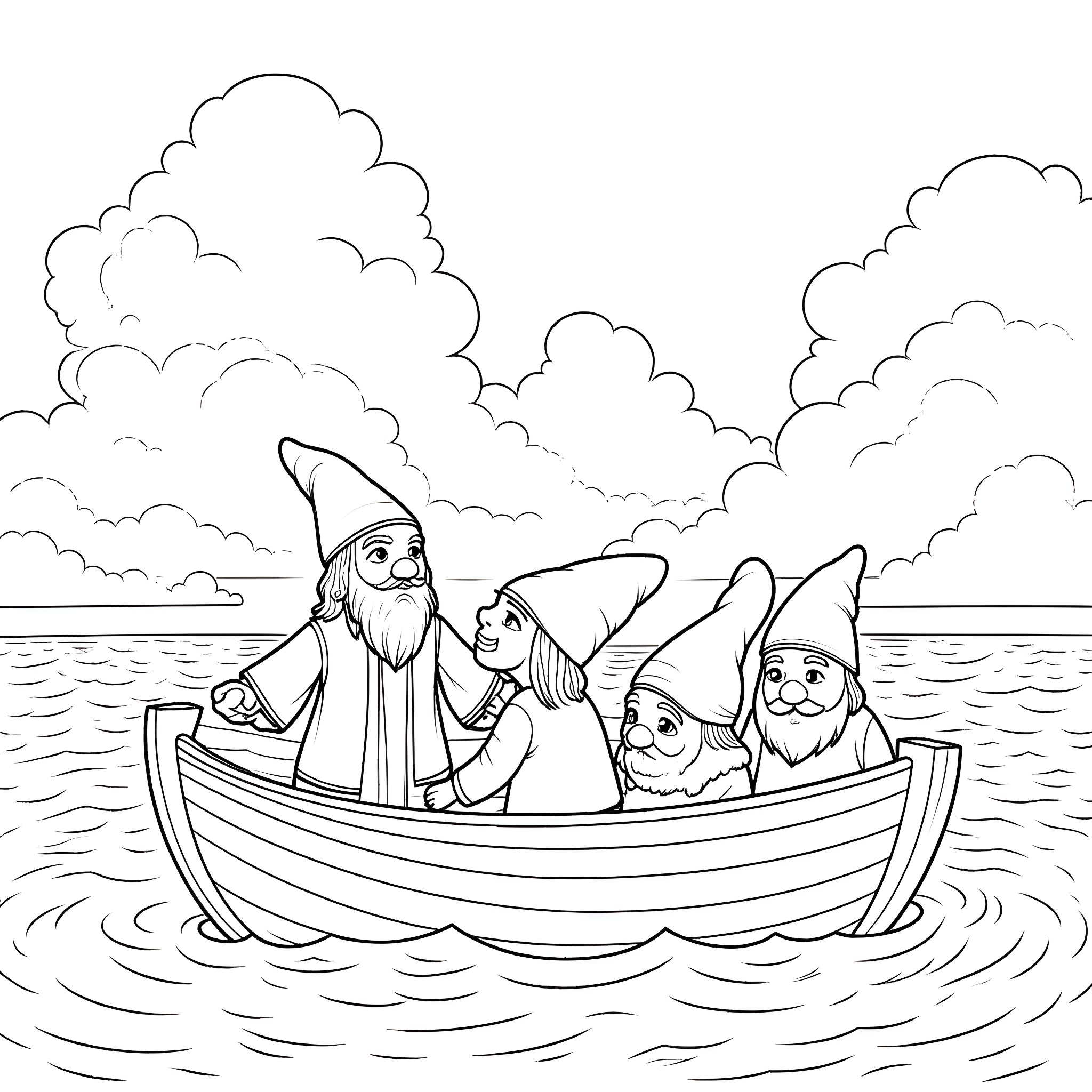 Gnome crew sailing merrily on a boat Coloring Page (free black-and-white line drawing printable PDF for all, from beginners to advanced learners, including children, teens, adults, and seniors)