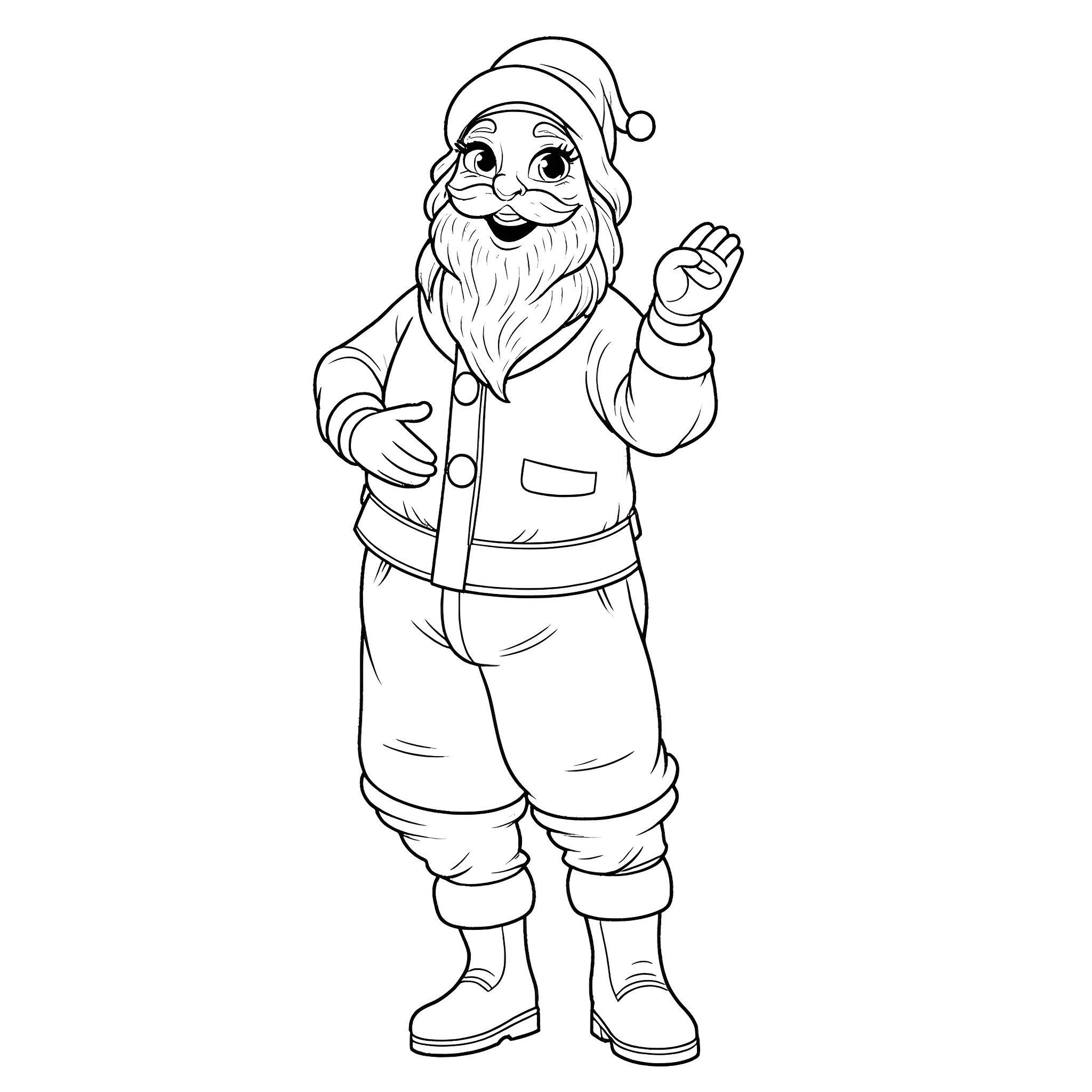 Santana the Jolly Santa in Winter Attire Coloring Page (free black-and-white line drawing printable PDF for all, from beginners to advanced learners, including children, teens, adults, and seniors)