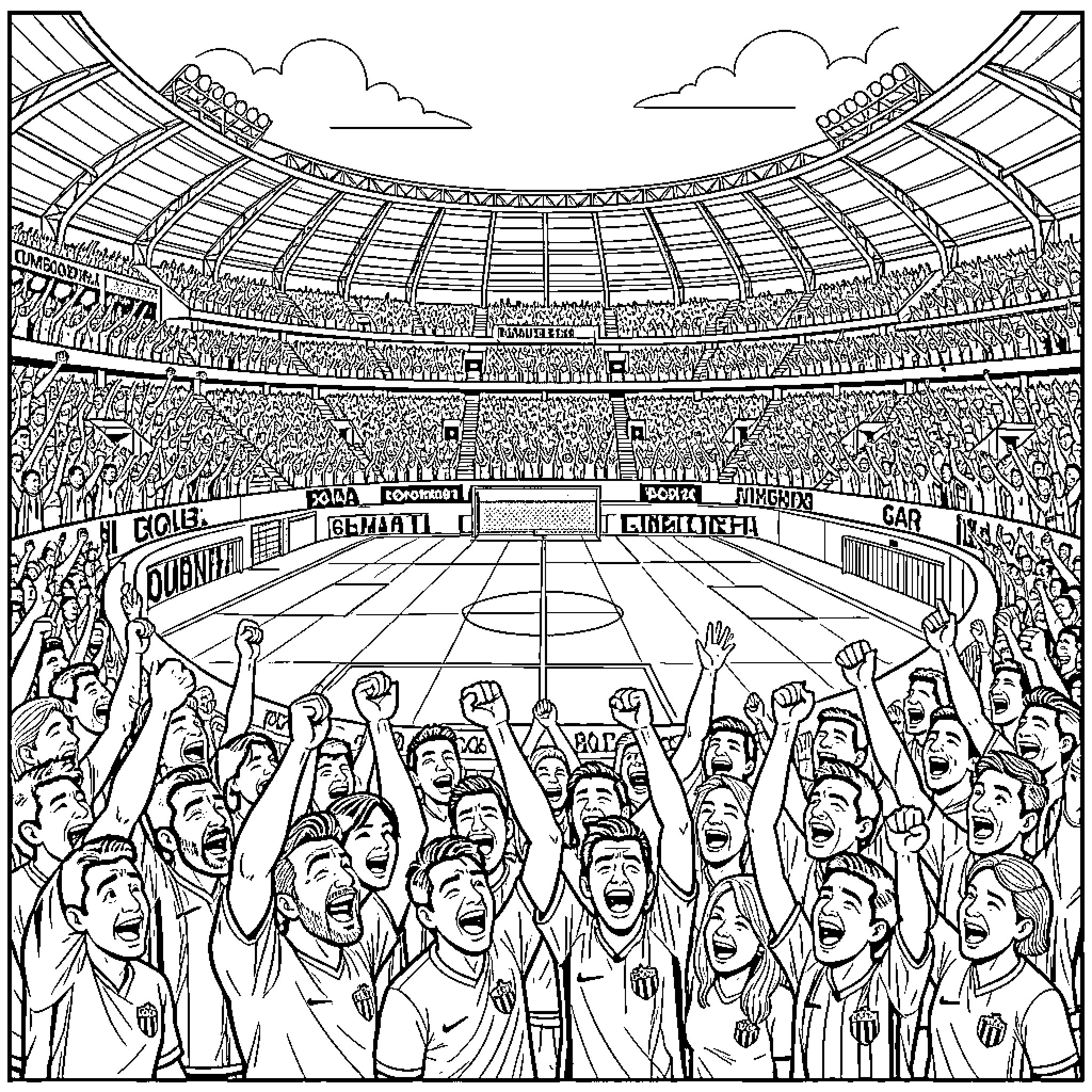 Bombonera stadium filled with cheering enthusiastic football fans Coloring Page (free black-and-white line drawing printable PDF for all, from beginners to advanced learners, including children, teens, adults, and seniors)