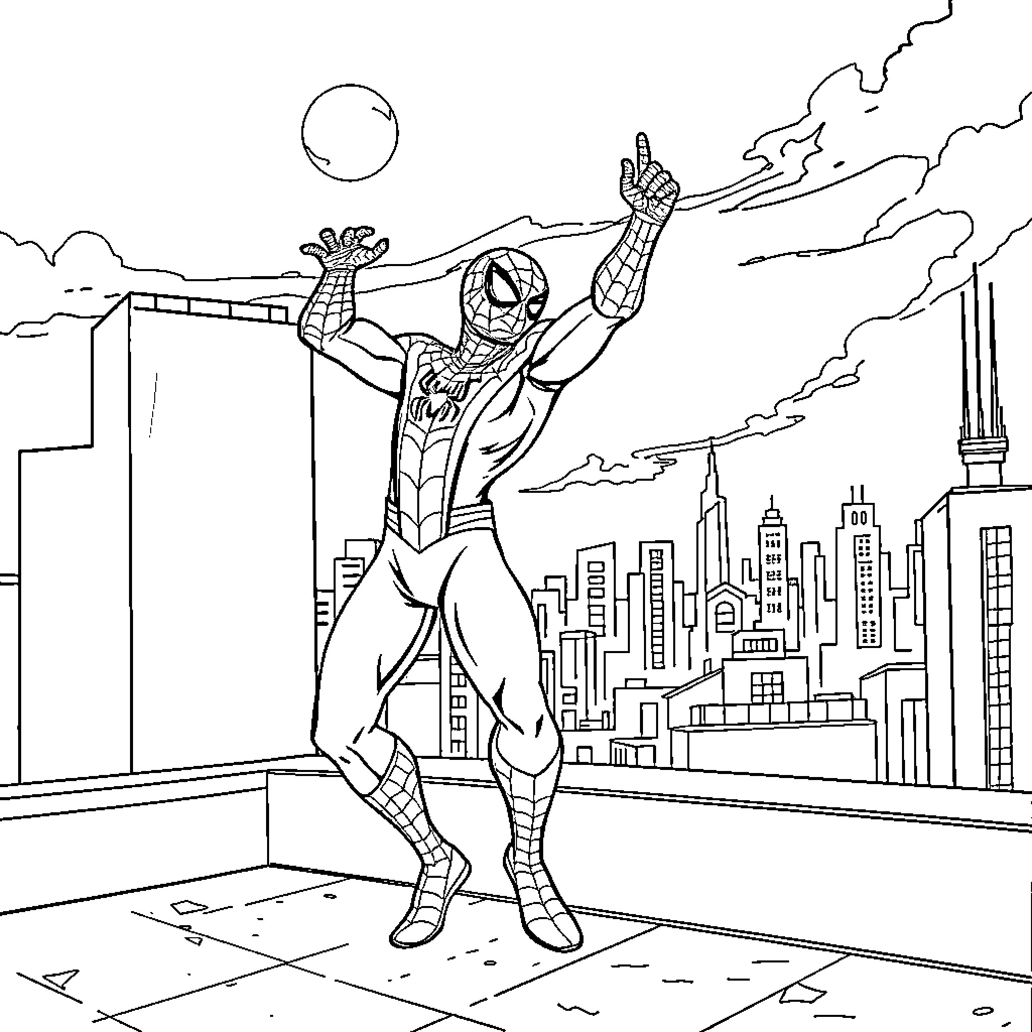 Spider-Man swinging through the cityscape Coloring Page (free black-and-white line drawing printable PDF for all, from beginners to advanced learners, including children, teens, adults, and seniors)