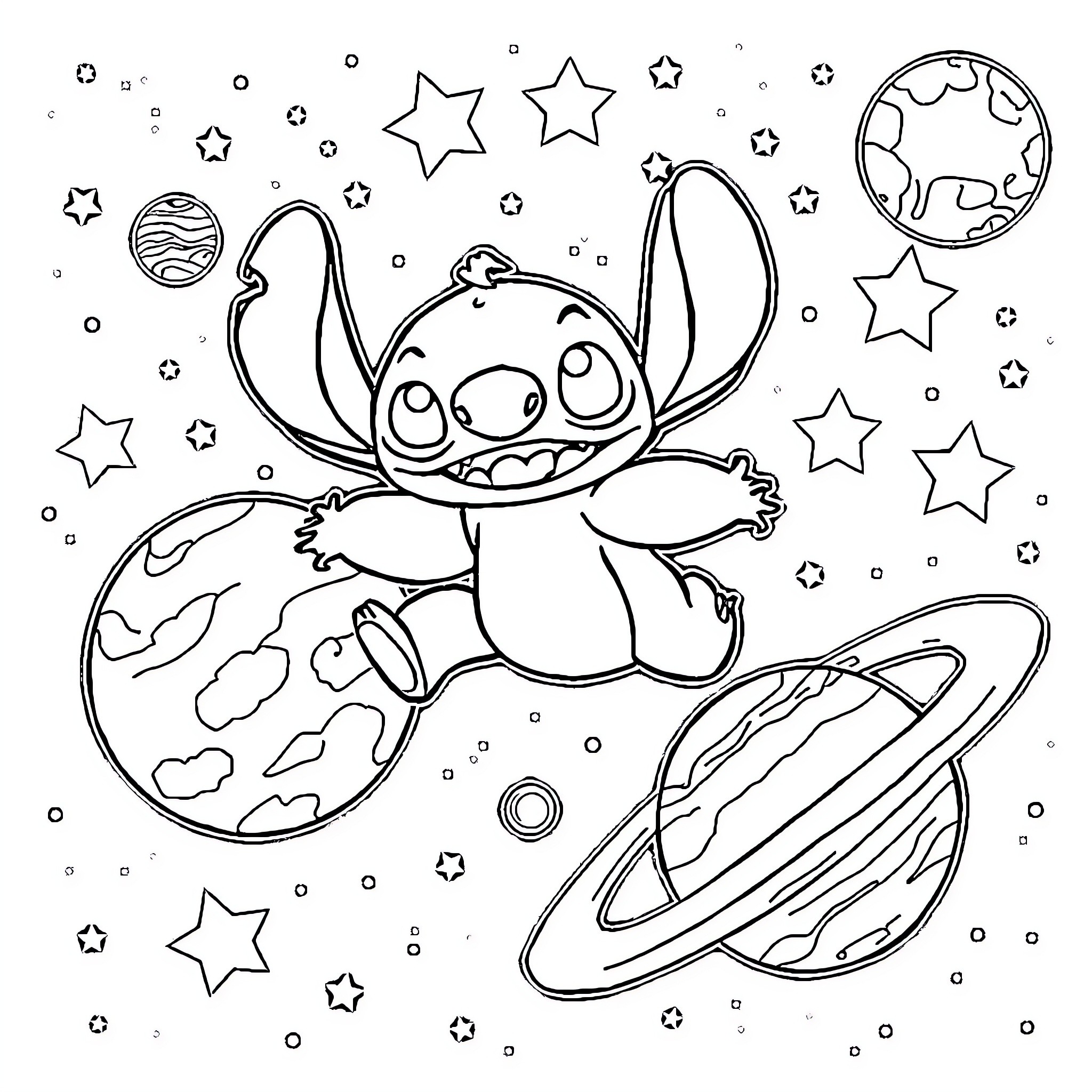 Stitch exploring the cosmic wonders Coloring Page (free black-and-white line drawing printable PDF for all, from beginners to advanced learners, including children, teens, adults, and seniors)