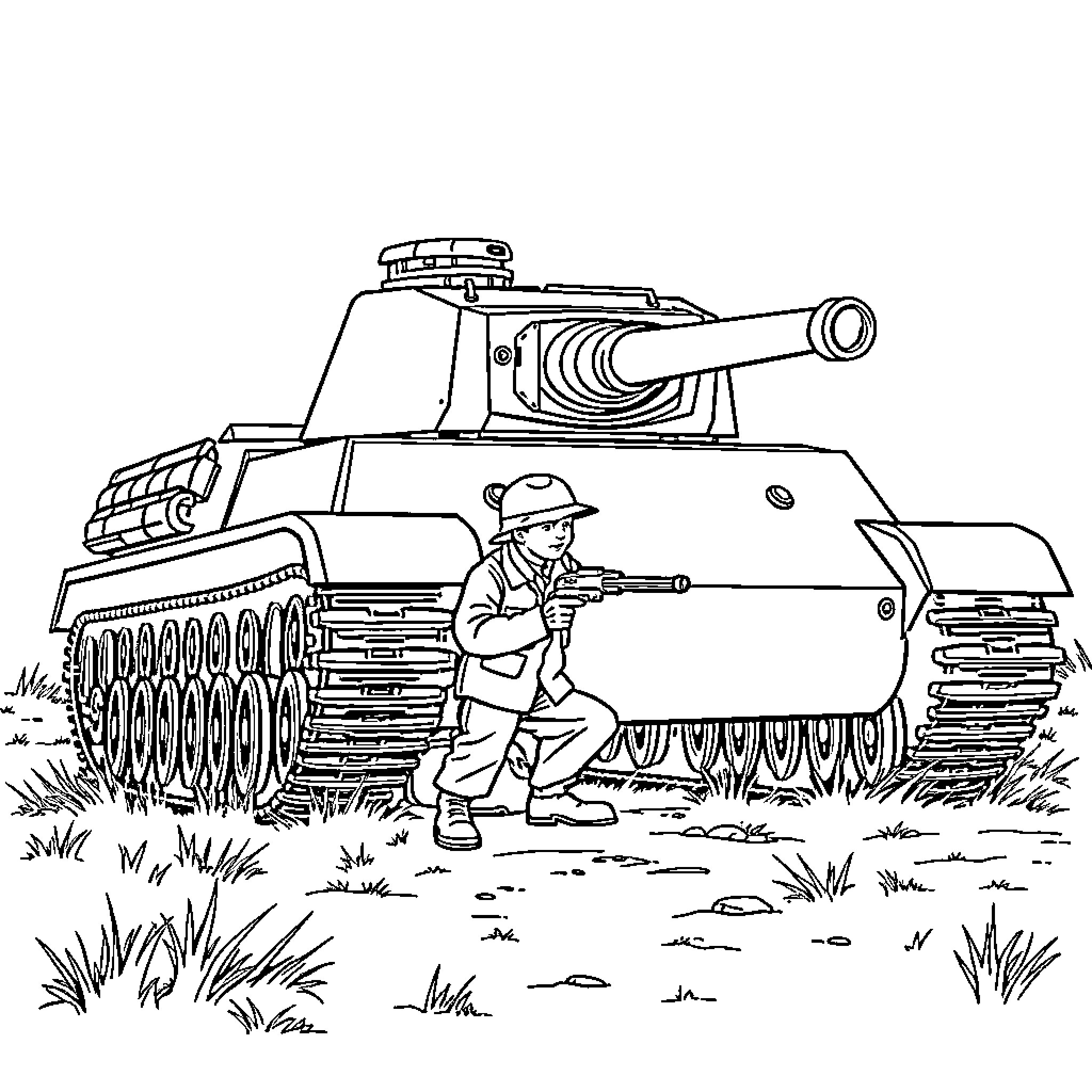 Tank with soldier in combat gear on grassy field Coloring Page (free black-and-white line drawing printable PDF for all, from beginners to advanced learners, including children, teens, adults, and seniors)