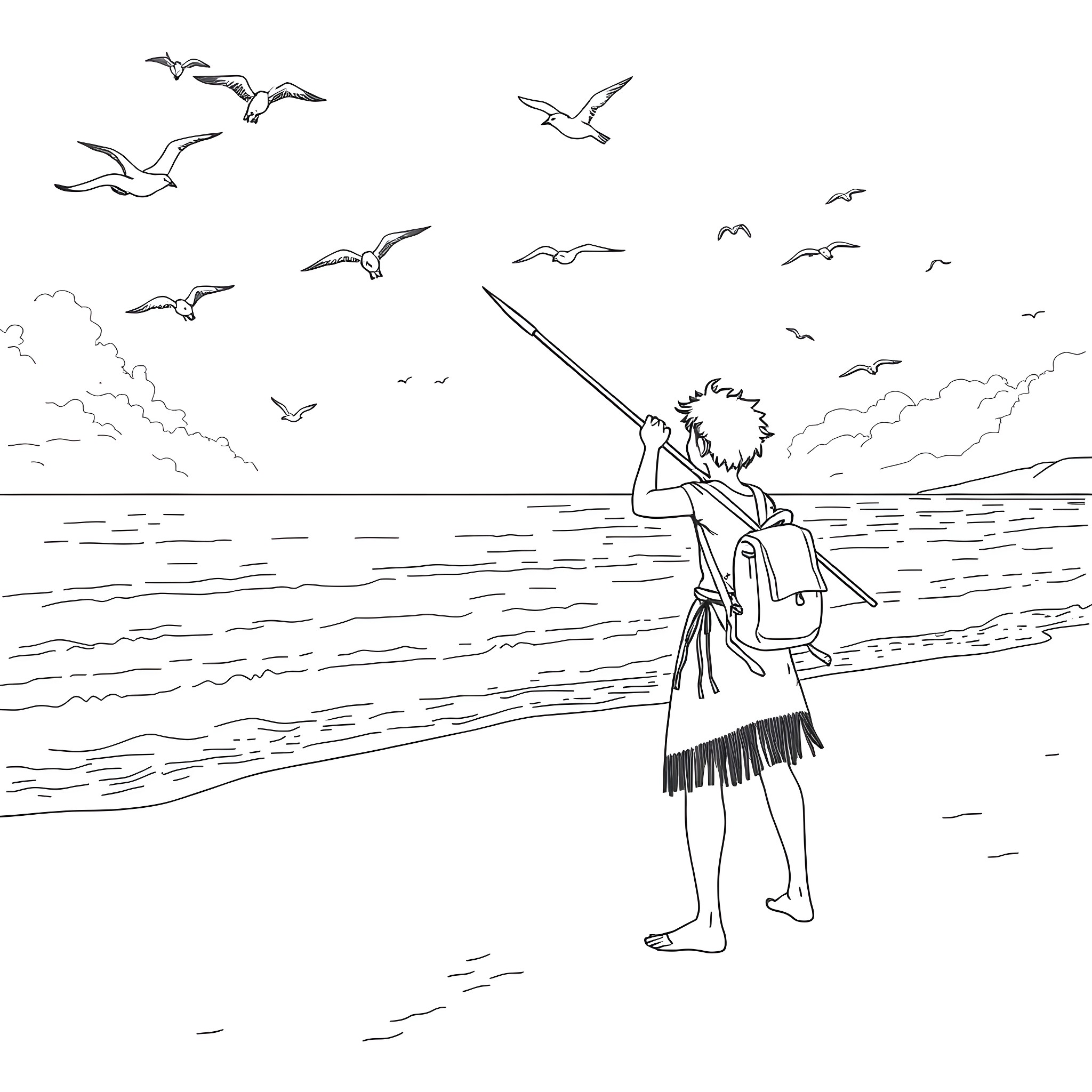 Student enjoying nature along the coastline Coloring Page (free black-and-white line drawing printable PDF for all, from beginners to advanced learners, including children, teens, adults, and seniors)