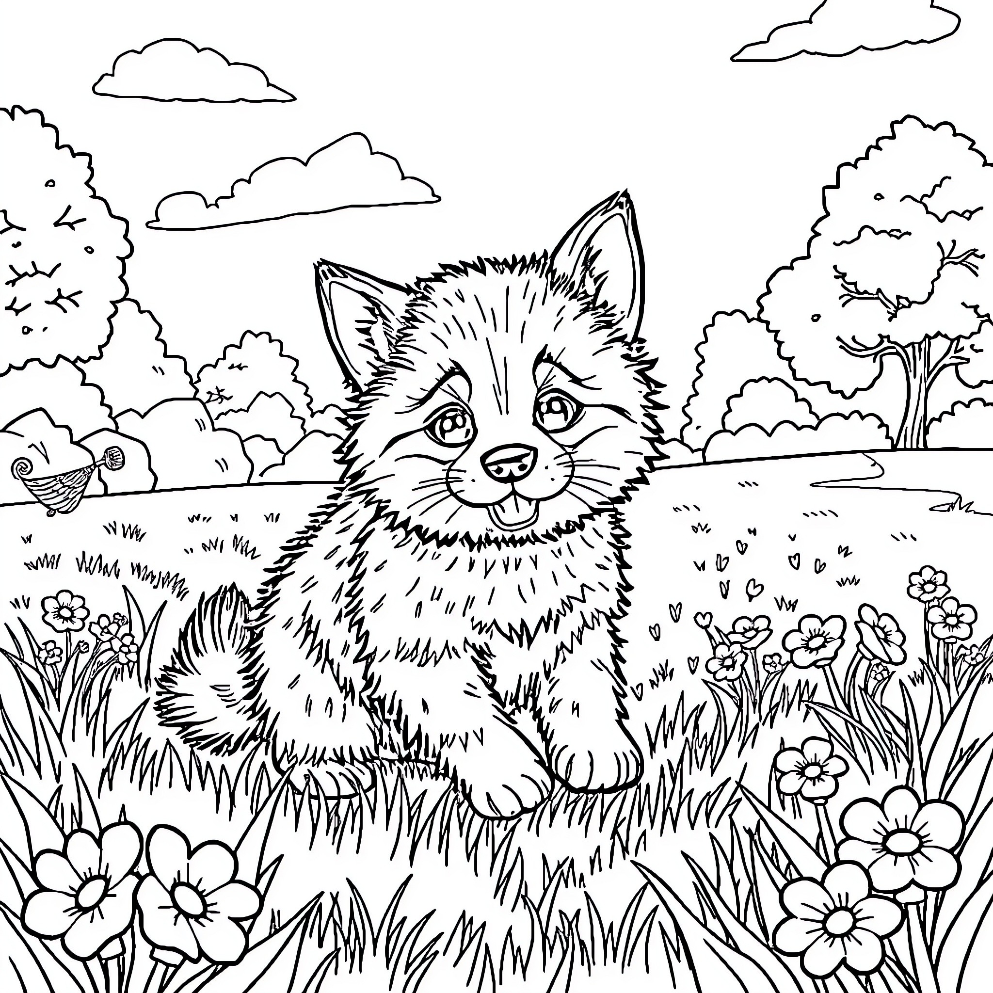 Cat exploring a vibrant outdoor scene Coloring Page (free black-and-white line drawing printable PDF for all, from beginners to advanced learners, including children, teens, adults, and seniors)