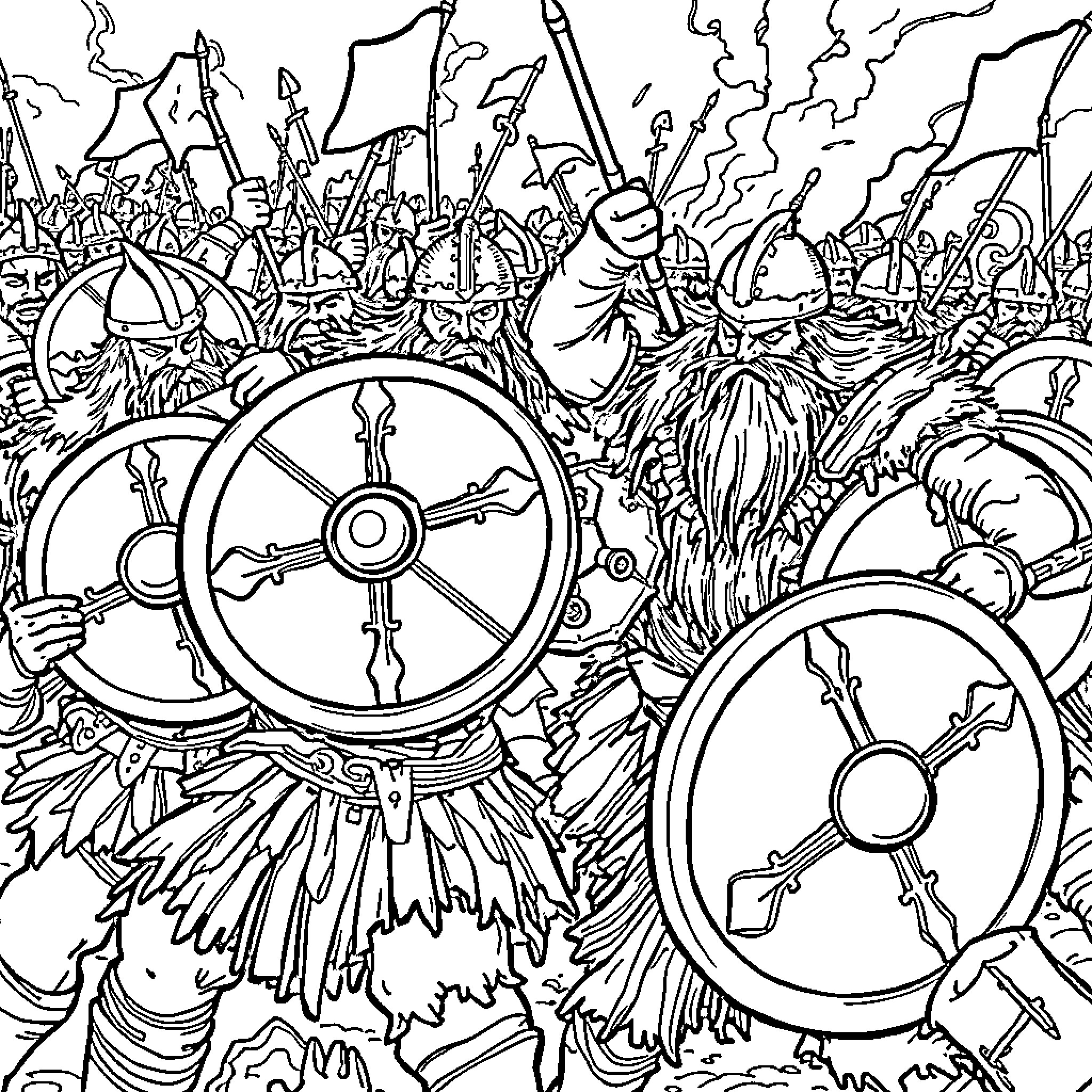 Viking warriors in fierce battle with weapons and shields Coloring Page (free black-and-white line drawing printable PDF for all, from beginners to advanced learners, including children, teens, adults, and seniors)