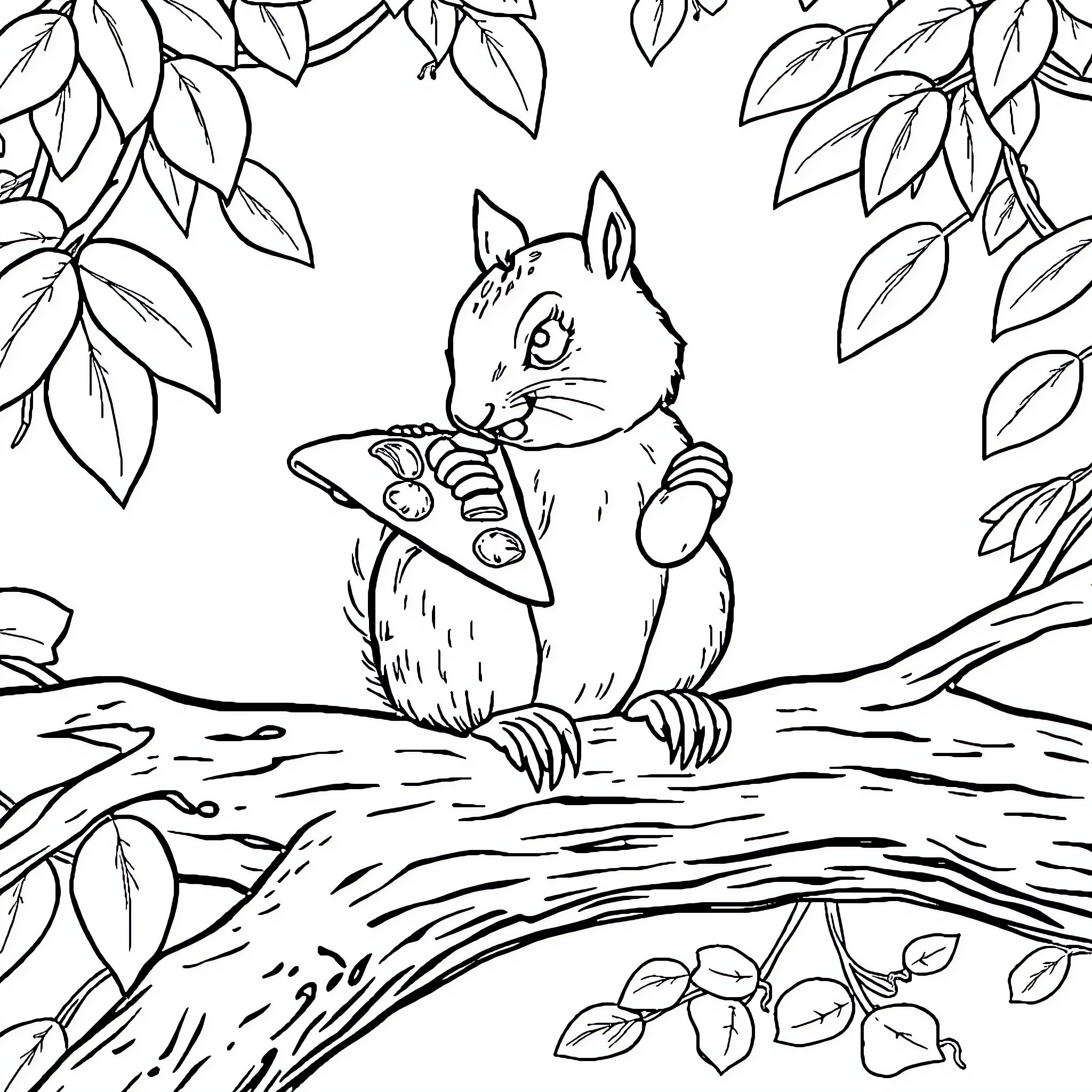 Squirrel enjoying a snack in the leaves Coloring Page (free black-and-white line drawing printable PDF for all, from beginners to advanced learners, including children, teens, adults, and seniors)