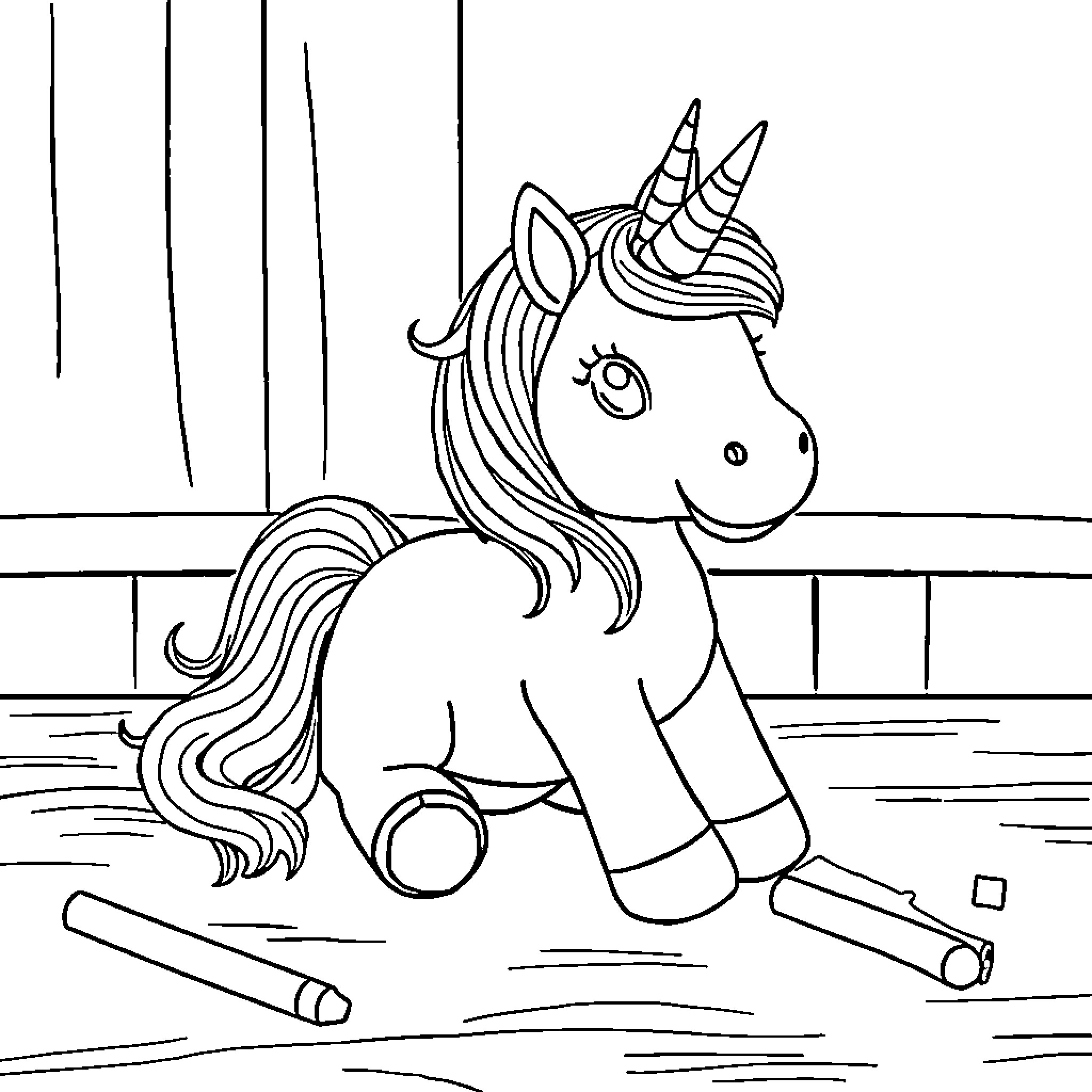 Unicorn drawing with art supplies Coloring Page (free black-and-white line drawing printable PDF for all, from beginners to advanced learners, including children, teens, adults, and seniors)
