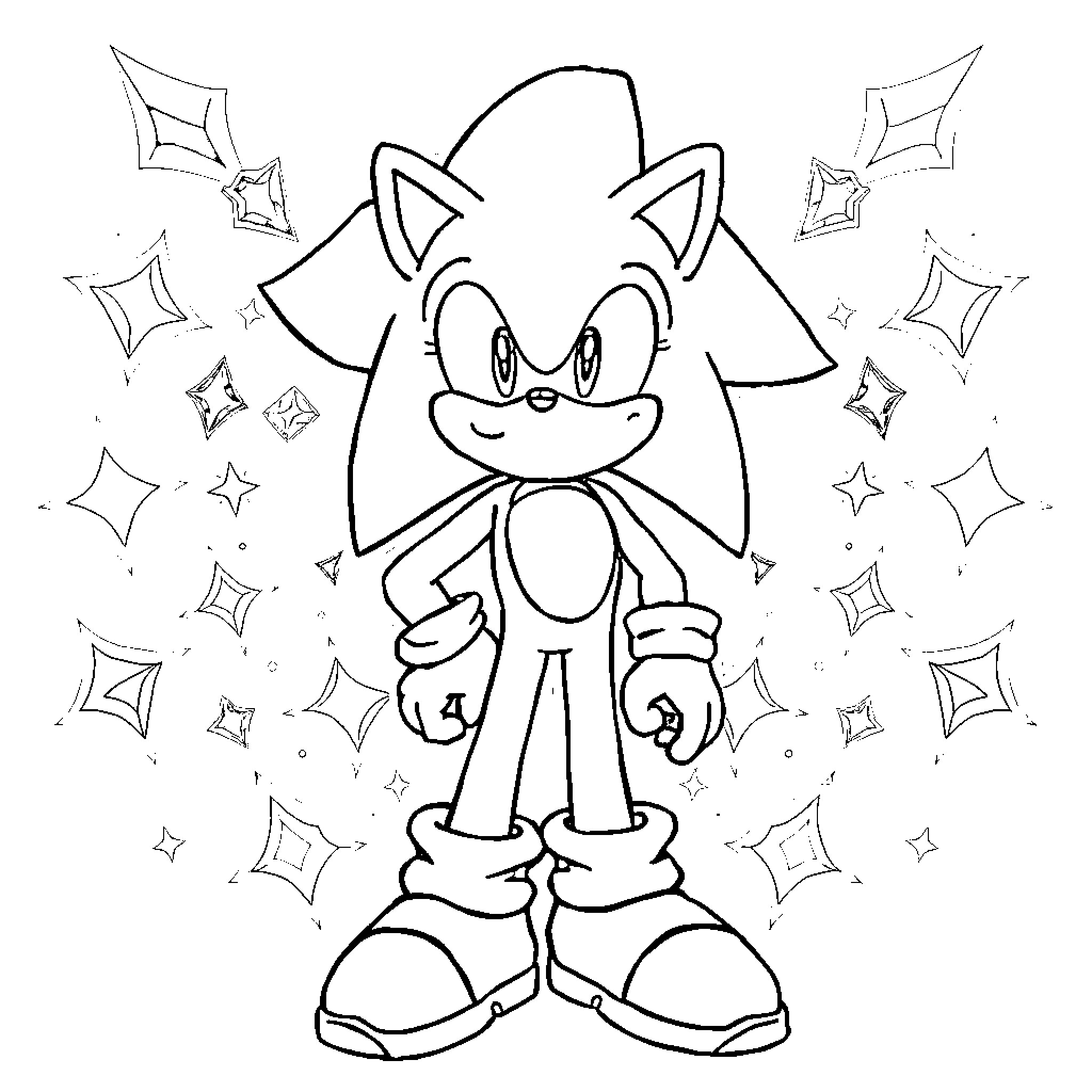 Sonic posing with glowing stars Coloring Page (free black-and-white line drawing printable PDF for all, from beginners to advanced learners, including children, teens, adults, and seniors)