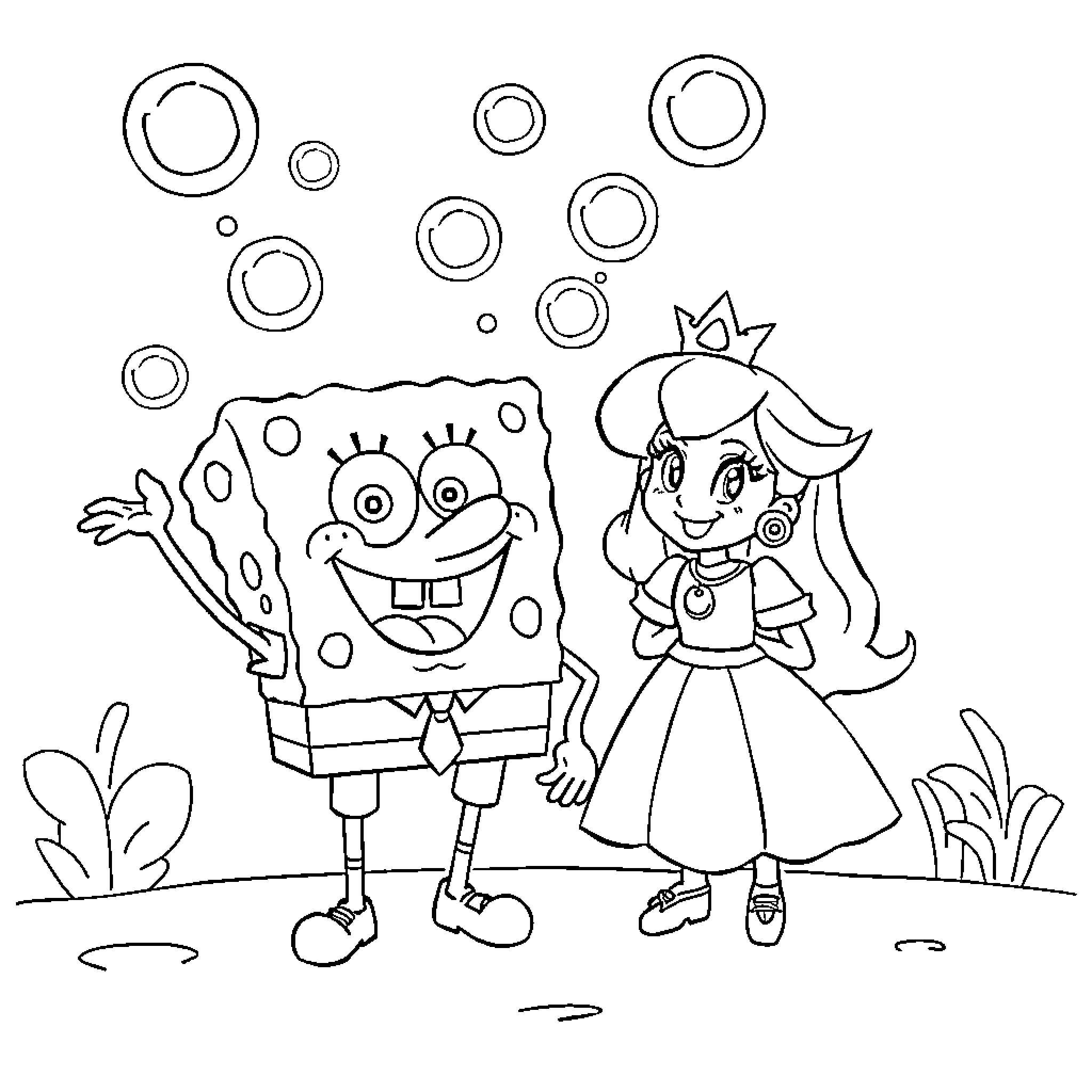 Spongebob and Princess Playing with Bubbles Coloring Page (free black-and-white line drawing printable PDF for all, from beginners to advanced learners, including children, teens, adults, and seniors)