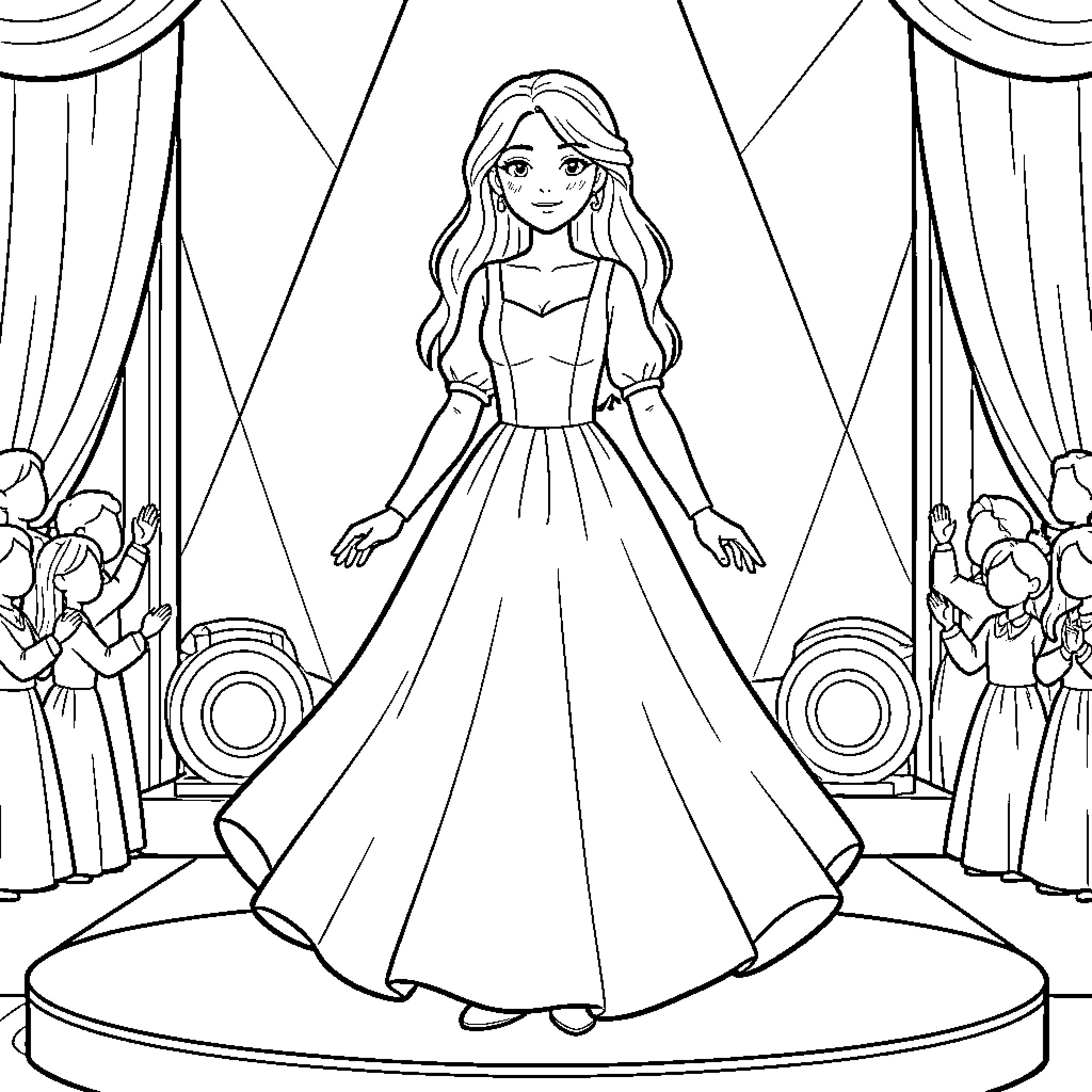 Girl on stage performing in a fancy dress Coloring Page (free black-and-white line drawing printable PDF for all, from beginners to advanced learners, including children, teens, adults, and seniors)