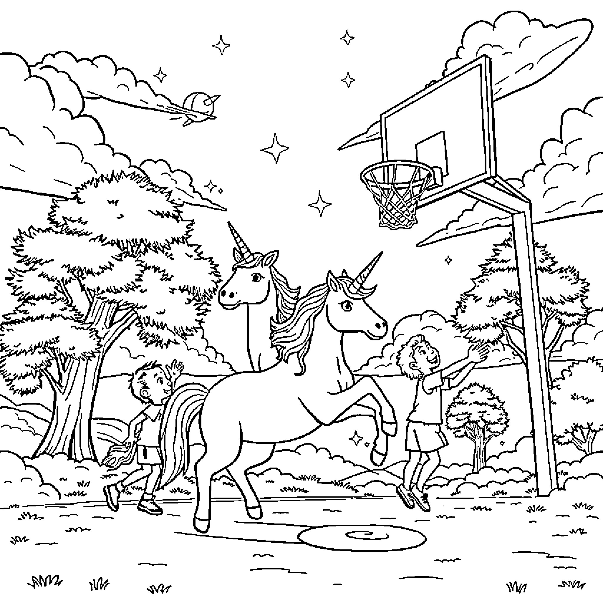 Unicorn playing joyfully with children in a magical park Coloring Page (free black-and-white line drawing printable PDF for all, from beginners to advanced learners, including children, teens, adults, and seniors)