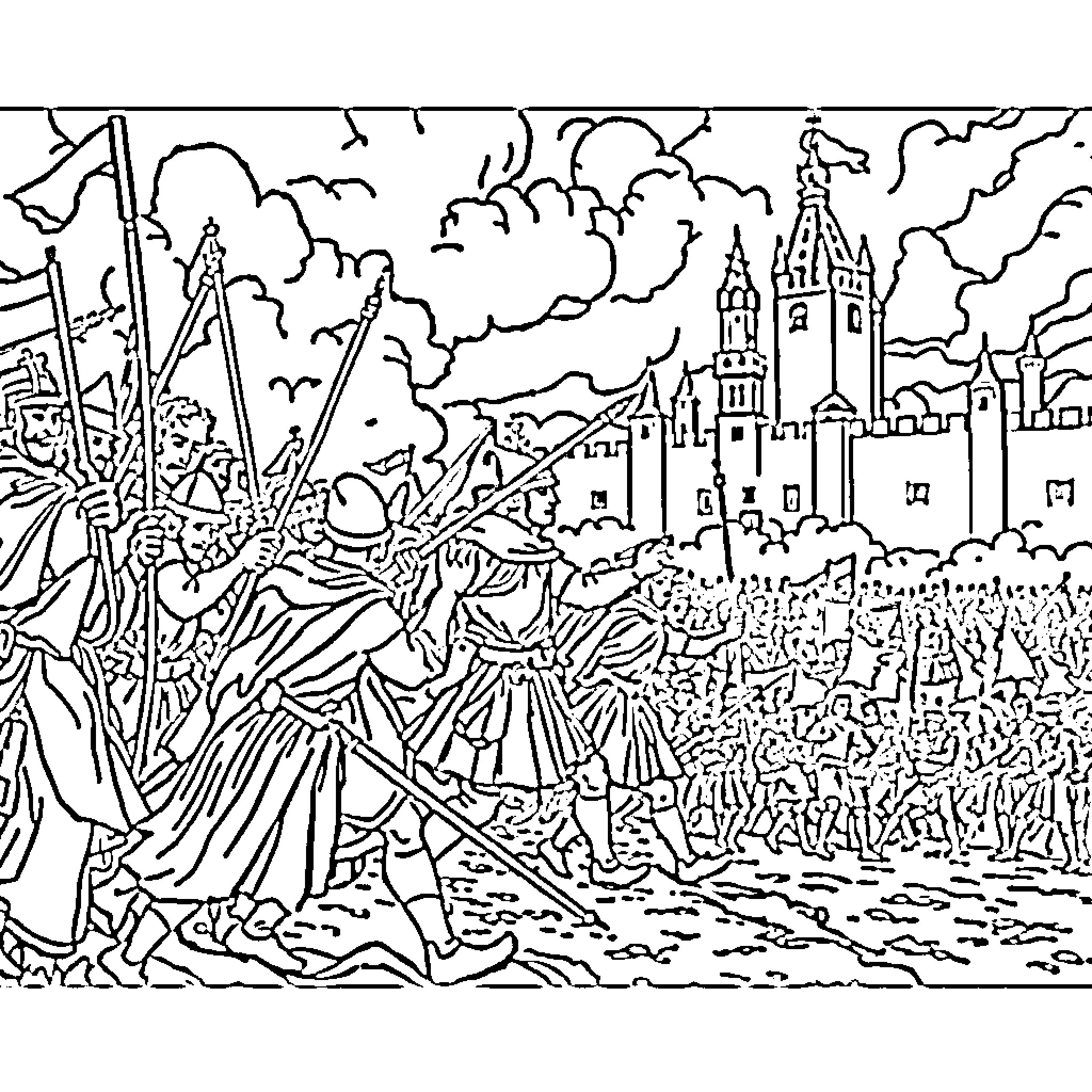 War scene with troops, weapons, and medieval architecture Coloring Page (free black-and-white line drawing printable PDF for all, from beginners to advanced learners, including children, teens, adults, and seniors)
