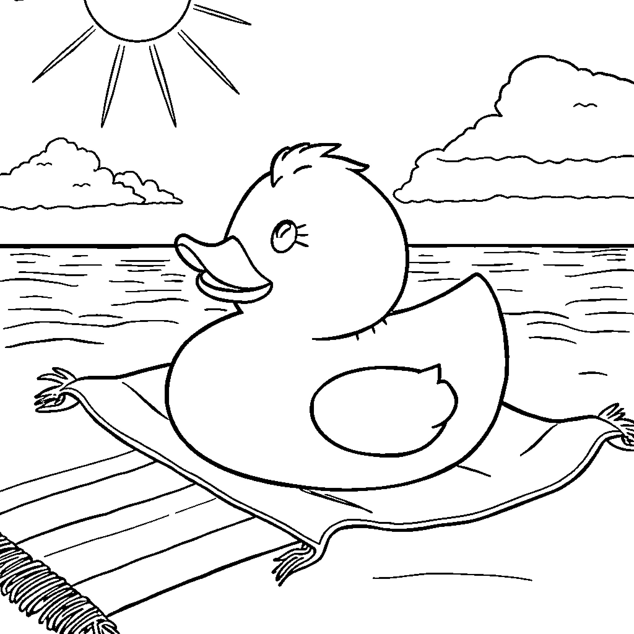 Rubber Duck relaxing on the beach Coloring Page (free black-and-white line drawing printable PDF for all, from beginners to advanced learners, including children, teens, adults, and seniors)