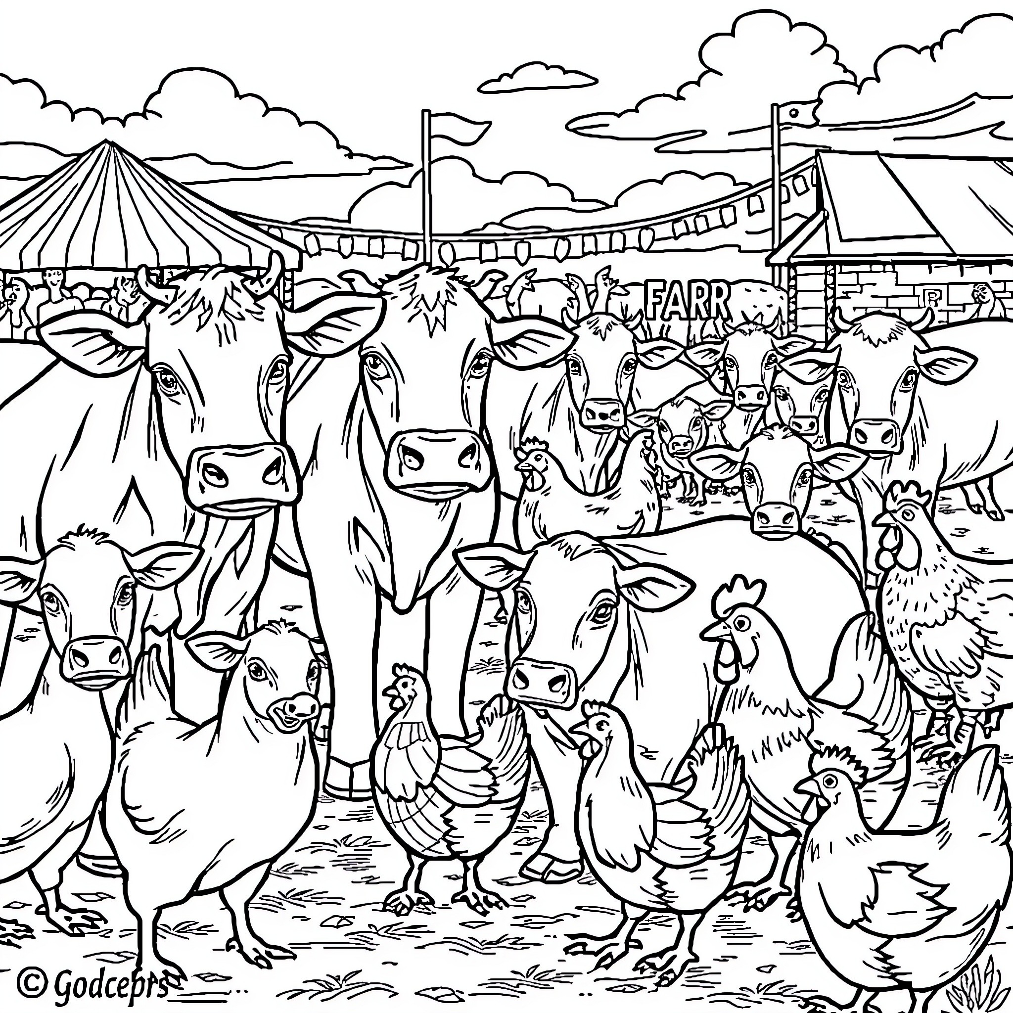 Farm Animal Gathering at the County Fair Coloring Page (free black-and-white line drawing printable PDF for all, from beginners to advanced learners, including children, teens, adults, and seniors)