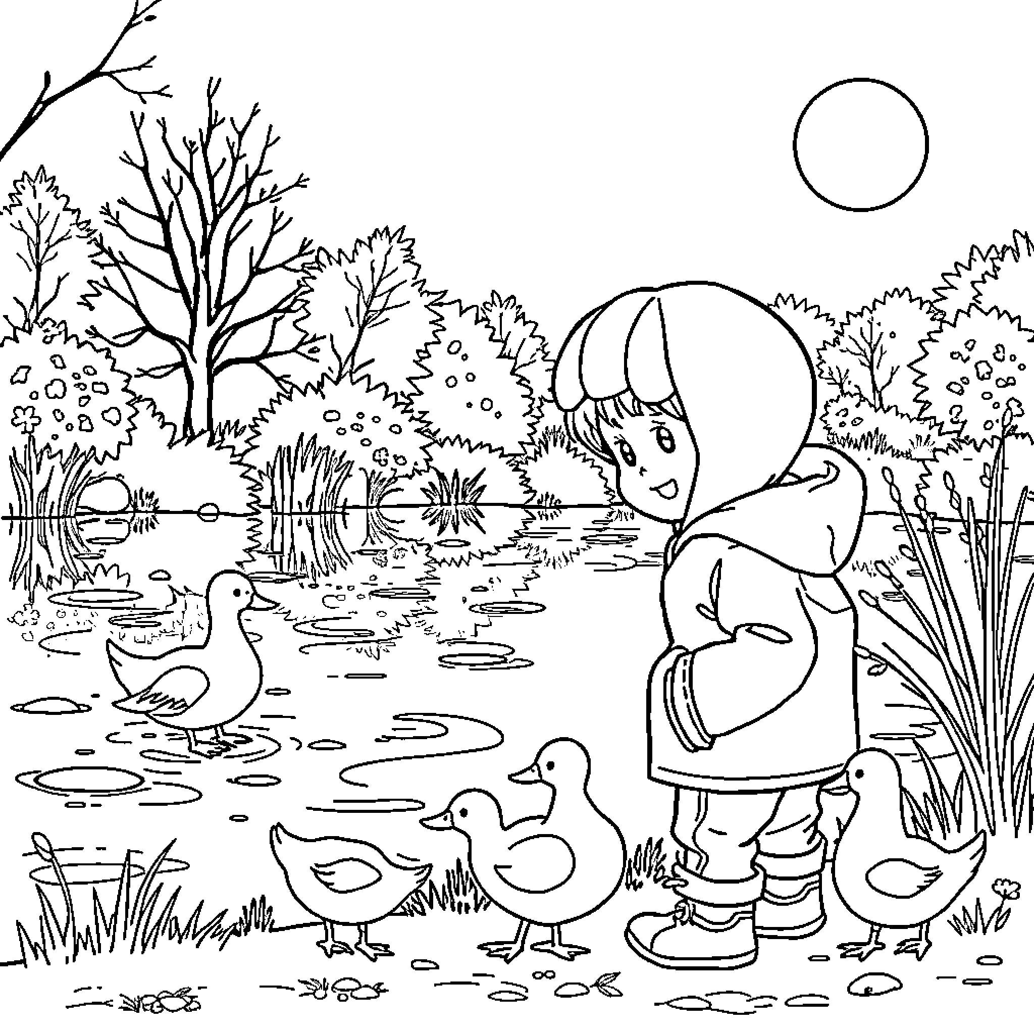 Child feeding ducklings in the pond Coloring Page (free black-and-white line drawing printable PDF for all, from beginners to advanced learners, including children, teens, adults, and seniors)