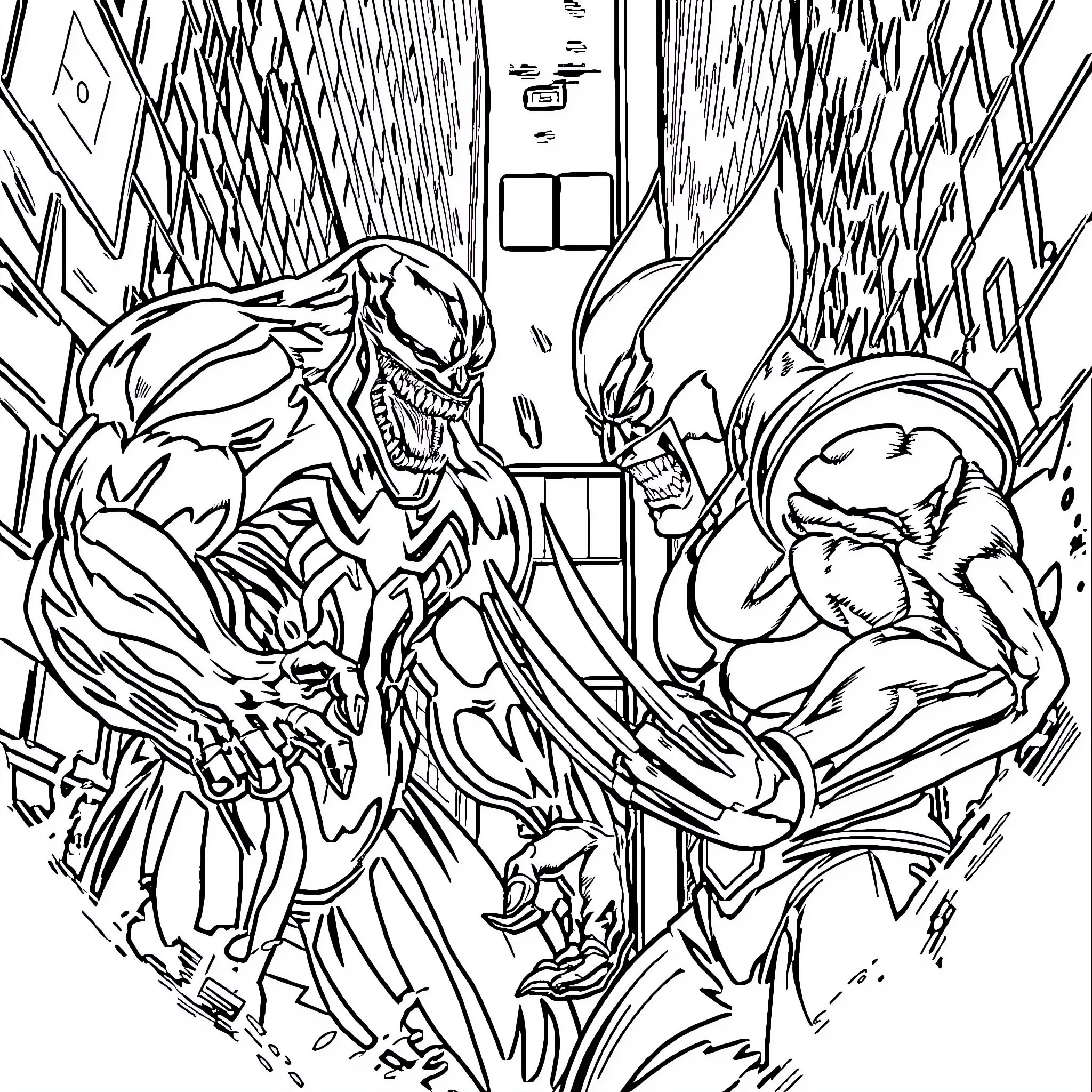 Venom's Fierce Clash with a Formidable Opponent Coloring Page (free black-and-white line drawing printable PDF for all, from beginners to advanced learners, including children, teens, adults, and seniors)