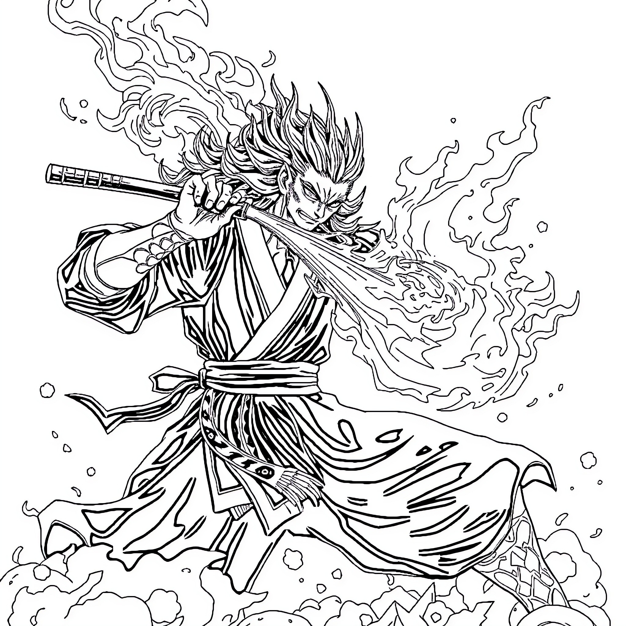 Kyōjurō Rengoku's Fiery Exorcism Coloring Page (free black-and-white line drawing printable PDF for all, from beginners to advanced learners, including children, teens, adults, and seniors)