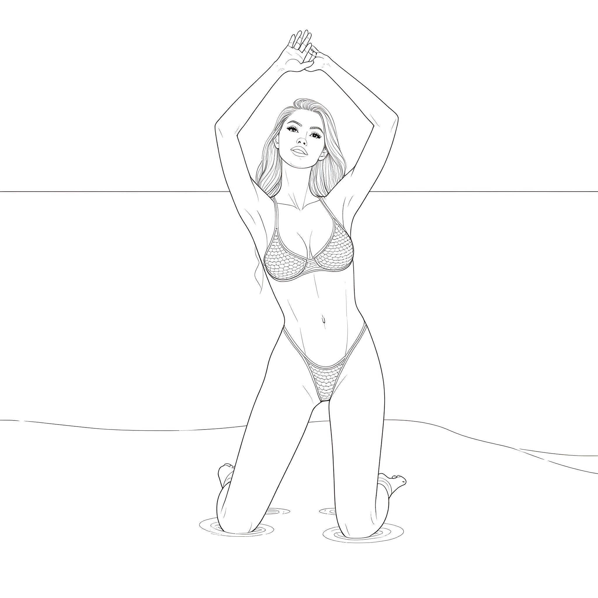 Model posing in lingerie on the beach Coloring Page (free black-and-white line drawing printable PDF for all, from beginners to advanced learners, including children, teens, adults, and seniors)