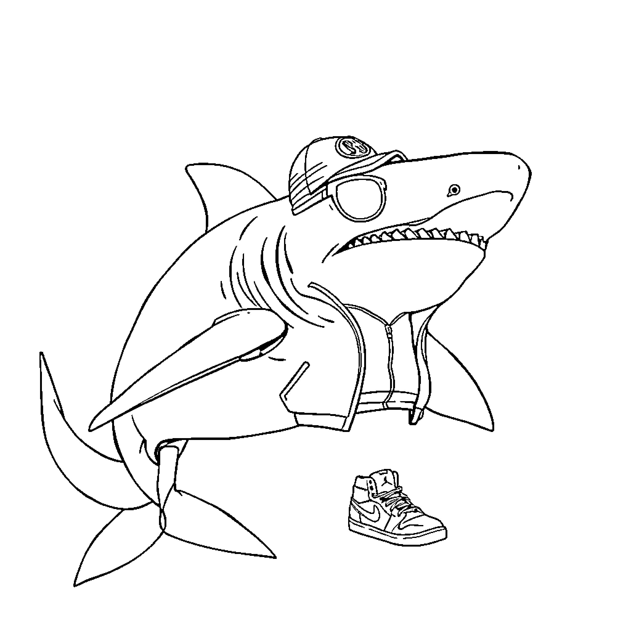 Megalodon shark in scuba gear going on an adventure Coloring Page (free black-and-white line drawing printable PDF for all, from beginners to advanced learners, including children, teens, adults, and seniors)