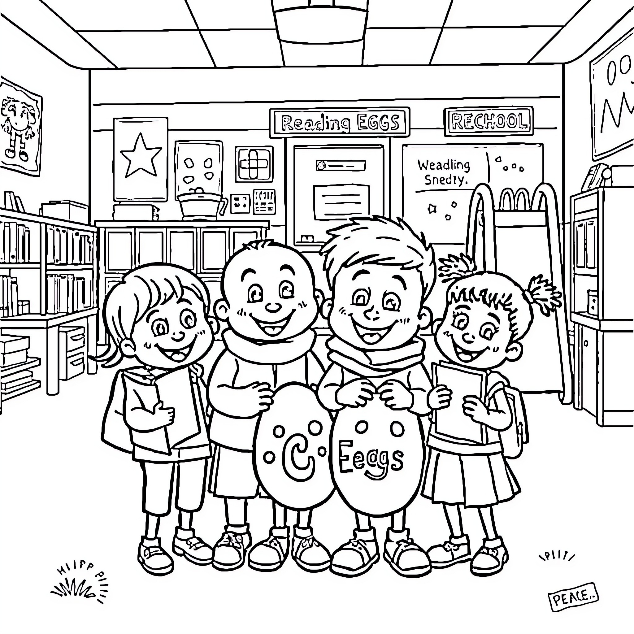 Reading Eggs Friends Pose Together in Classroom Coloring Page (free black-and-white line drawing printable PDF for all, from beginners to advanced learners, including children, teens, adults, and seniors)