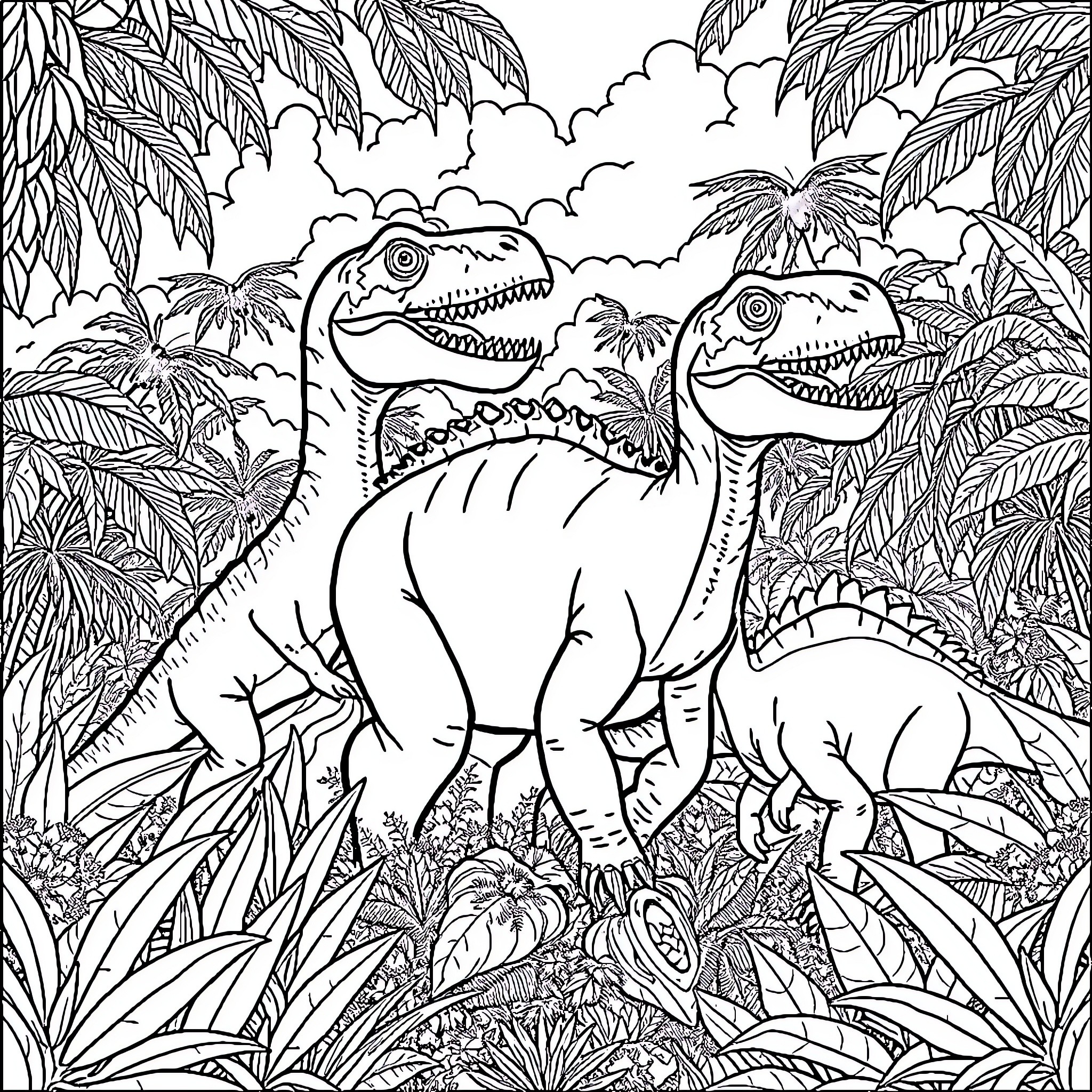 Dinosaurs exploring lush jungle landscape Coloring Page (free black-and-white line drawing printable PDF for all, from beginners to advanced learners, including children, teens, adults, and seniors)