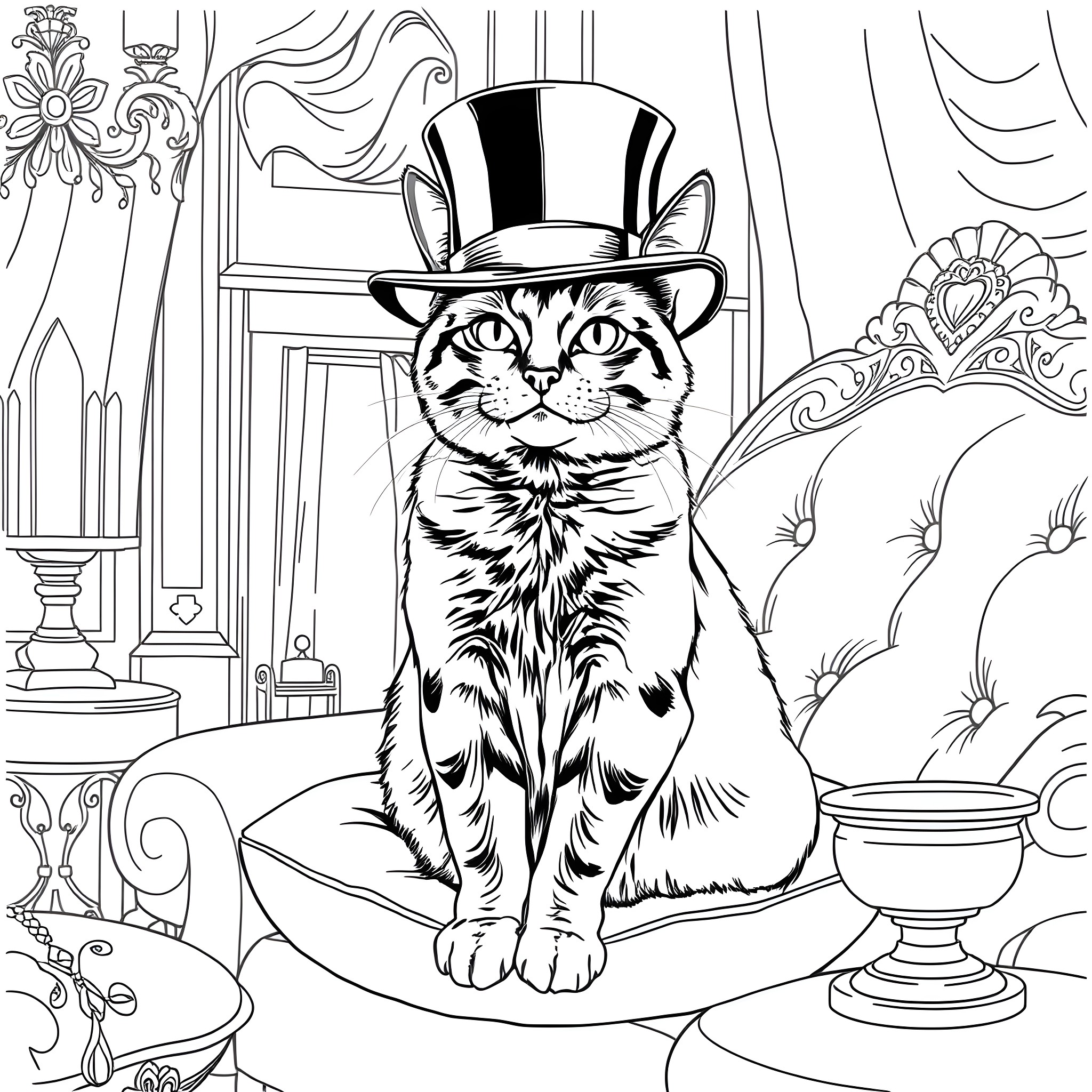 Cat dressed in formal attire in an elegant setting Coloring Page (free black-and-white line drawing printable PDF for all, from beginners to advanced learners, including children, teens, adults, and seniors)