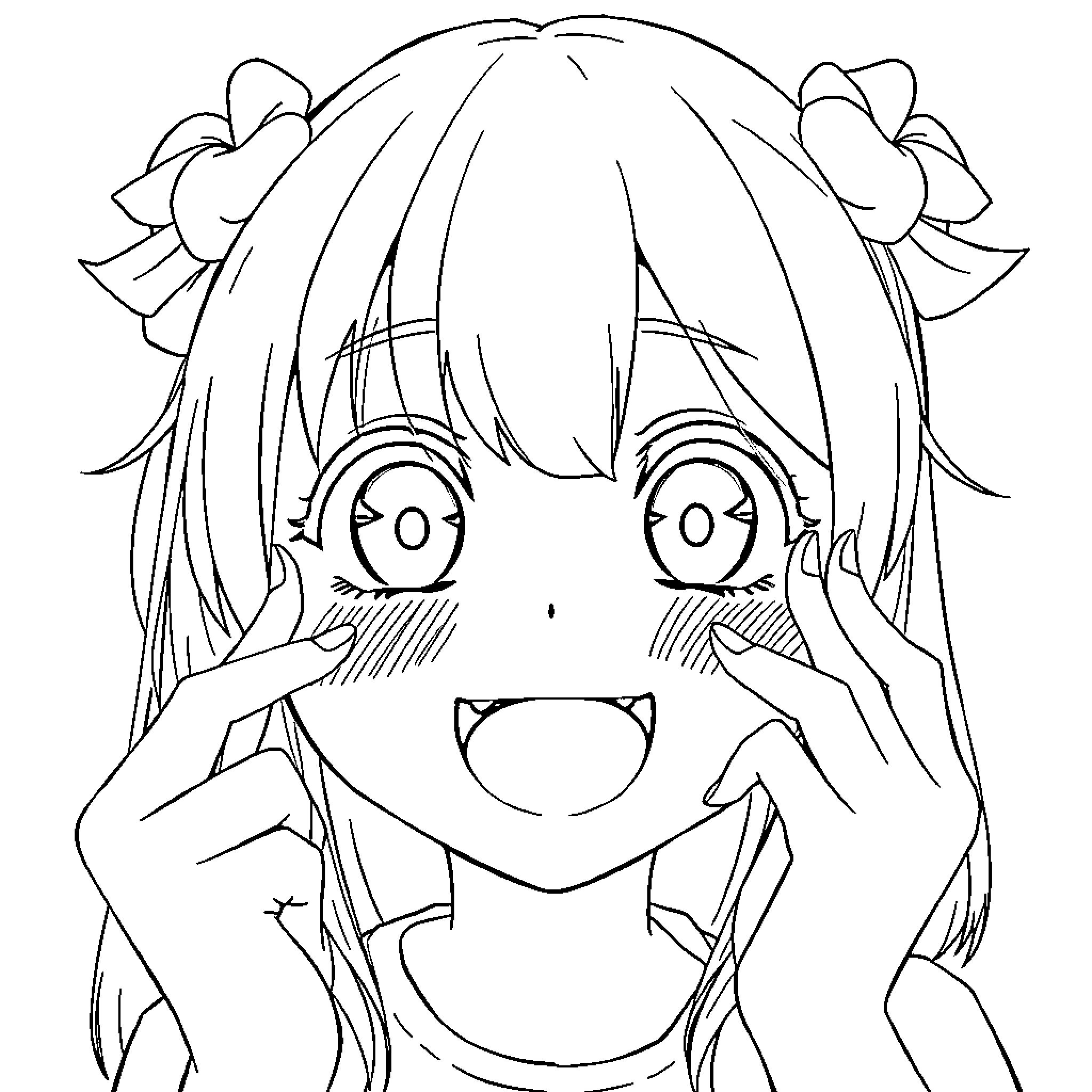Anime Girl Making Cute Facial Expression Coloring Page (free black-and-white line drawing printable PDF for all, from beginners to advanced learners, including children, teens, adults, and seniors)