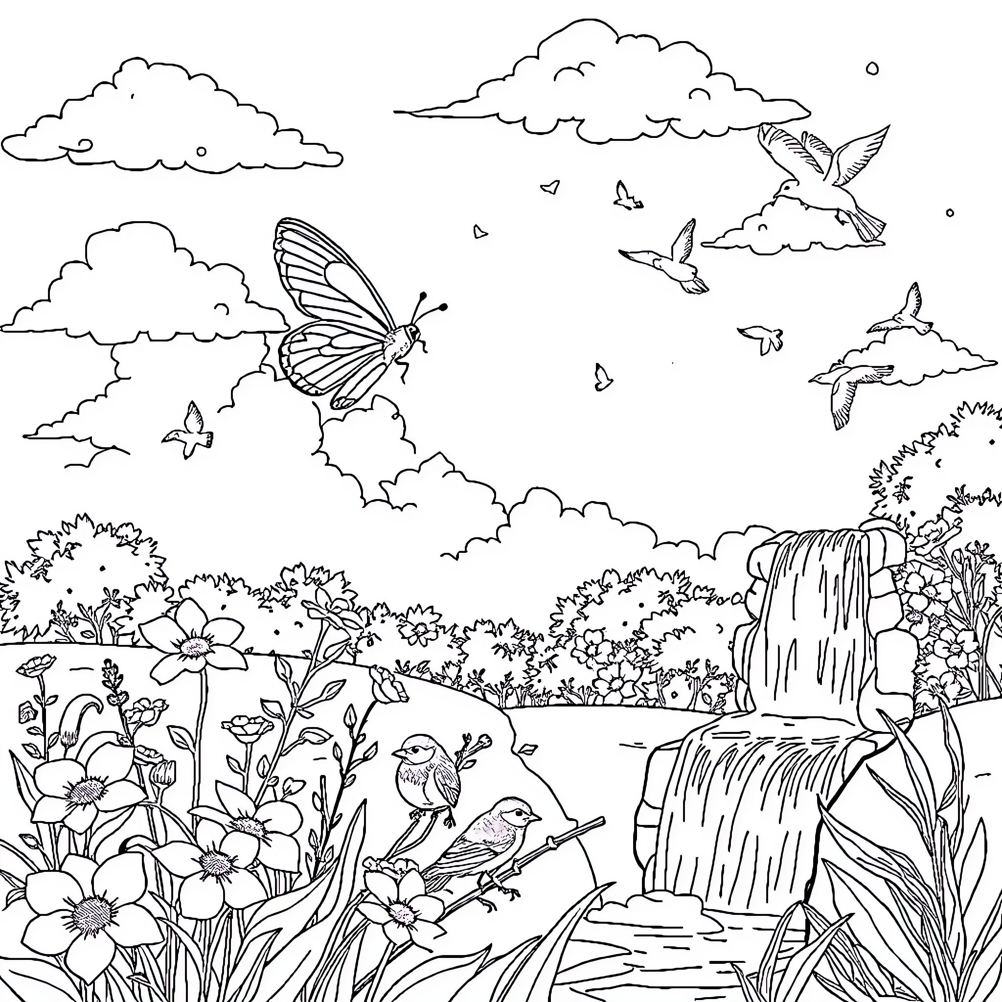 Butterfly Garden with Flowing Waterfall Coloring Page (free black-and-white line drawing printable PDF for all, from beginners to advanced learners, including children, teens, adults, and seniors)