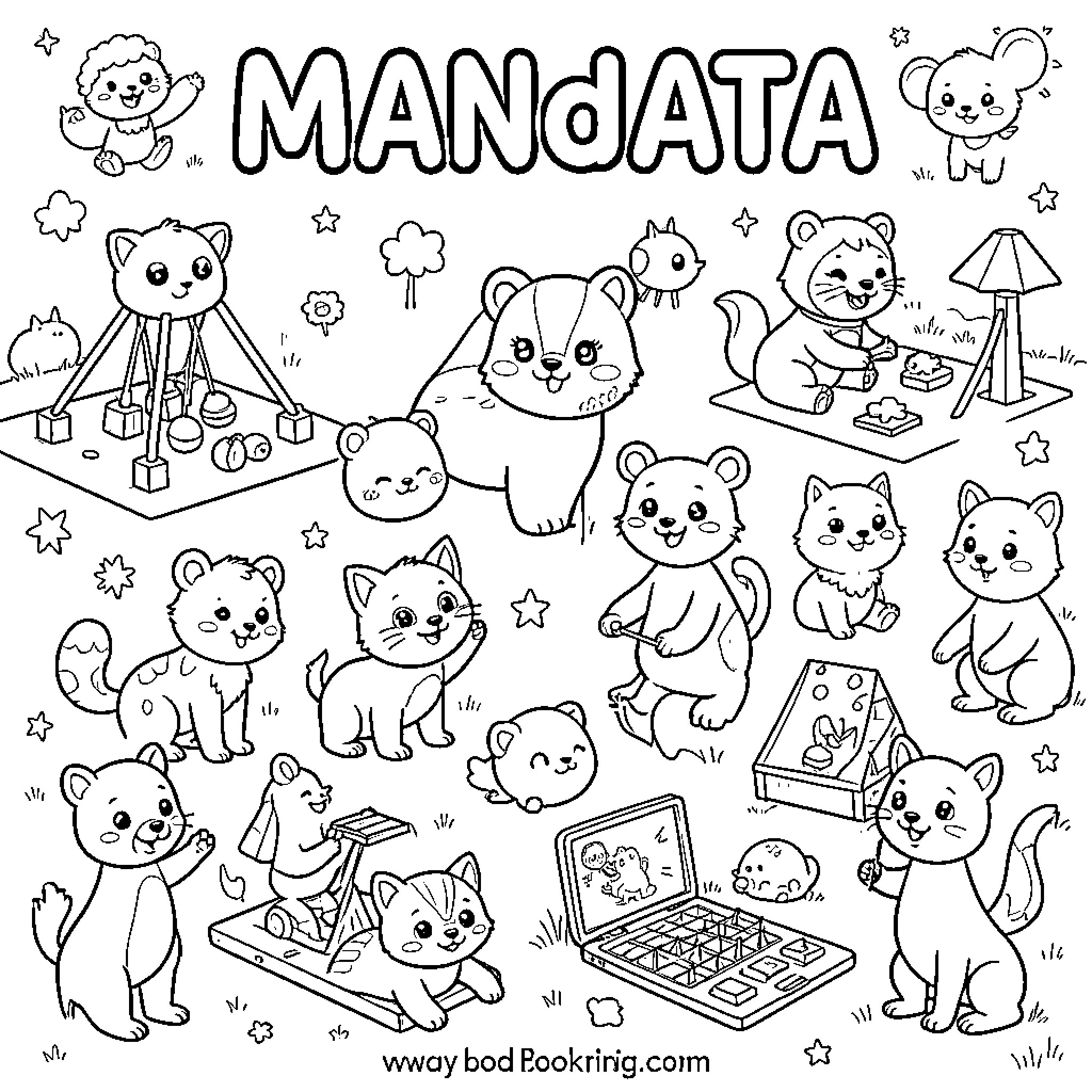 Animal Cartoon Characters in Various Scenes and Activities Coloring Page (free black-and-white line drawing printable PDF for all, from beginners to advanced learners, including children, teens, adults, and seniors)
