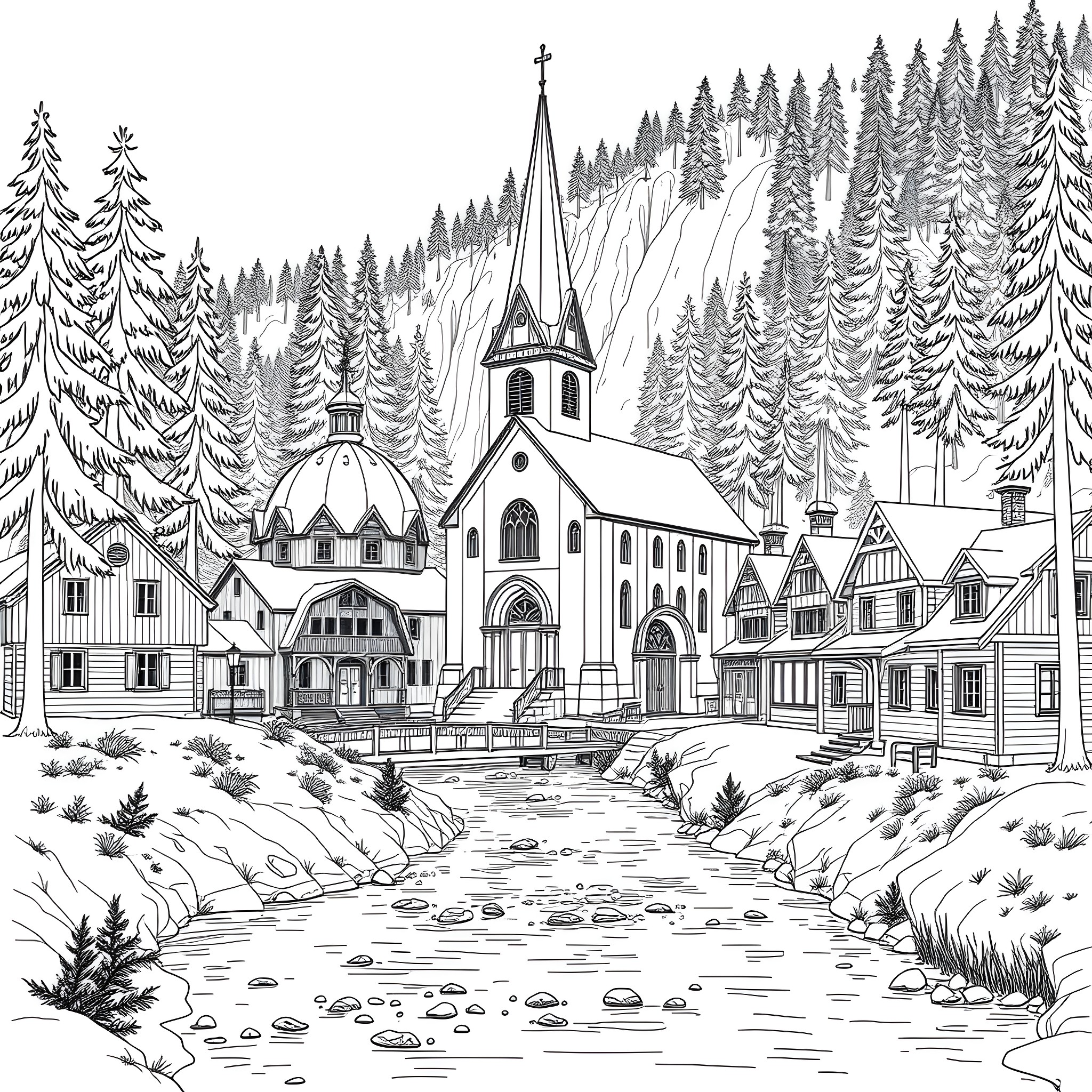 Church in a Snowy Winter Landscape Coloring Page (free black-and-white line drawing printable PDF for all, from beginners to advanced learners, including children, teens, adults, and seniors)
