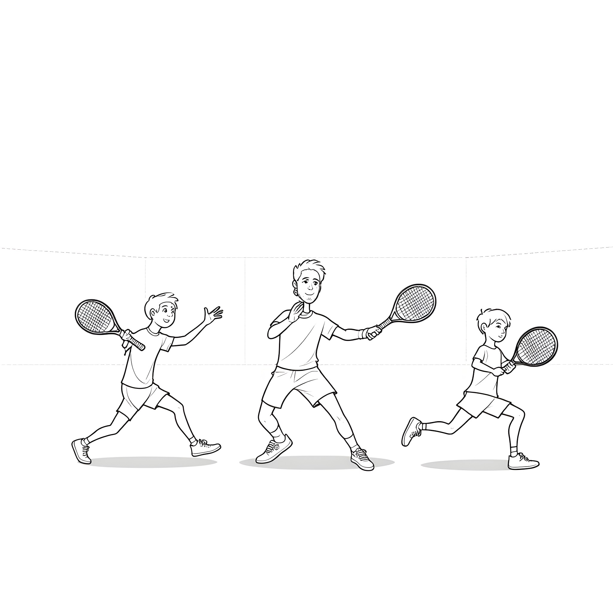 Tennis players in action with rackets Coloring Page (free black-and-white line drawing printable PDF for all, from beginners to advanced learners, including children, teens, adults, and seniors)