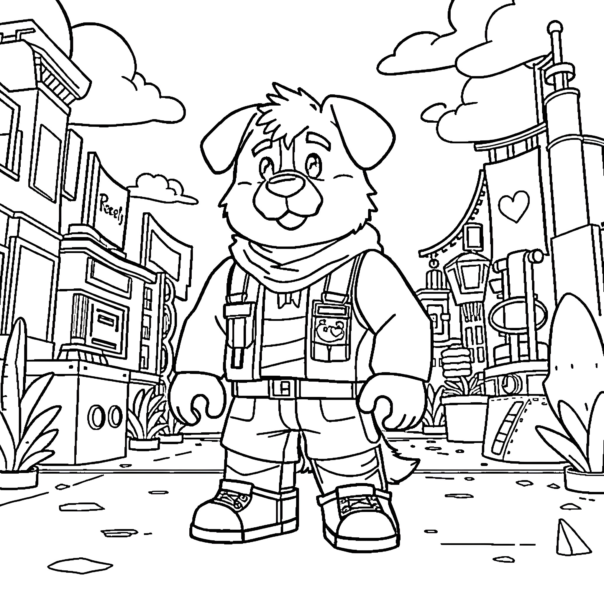 Dog Human in Adventurous Outdoor Exploration Coloring Page (free black-and-white line drawing printable PDF for all, from beginners to advanced learners, including children, teens, adults, and seniors)