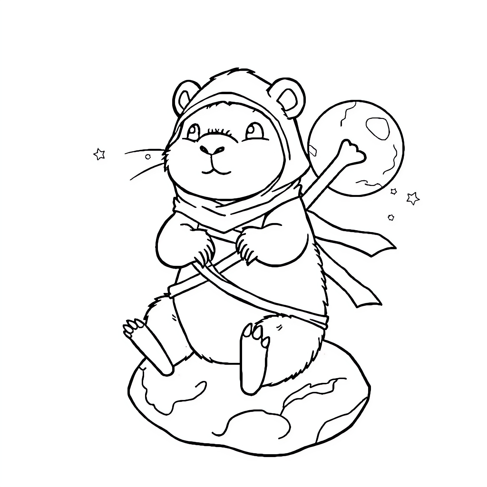 Capybara astronaut exploring the moon Coloring Page (free black-and-white line drawing printable PDF for all, from beginners to advanced learners, including children, teens, adults, and seniors)