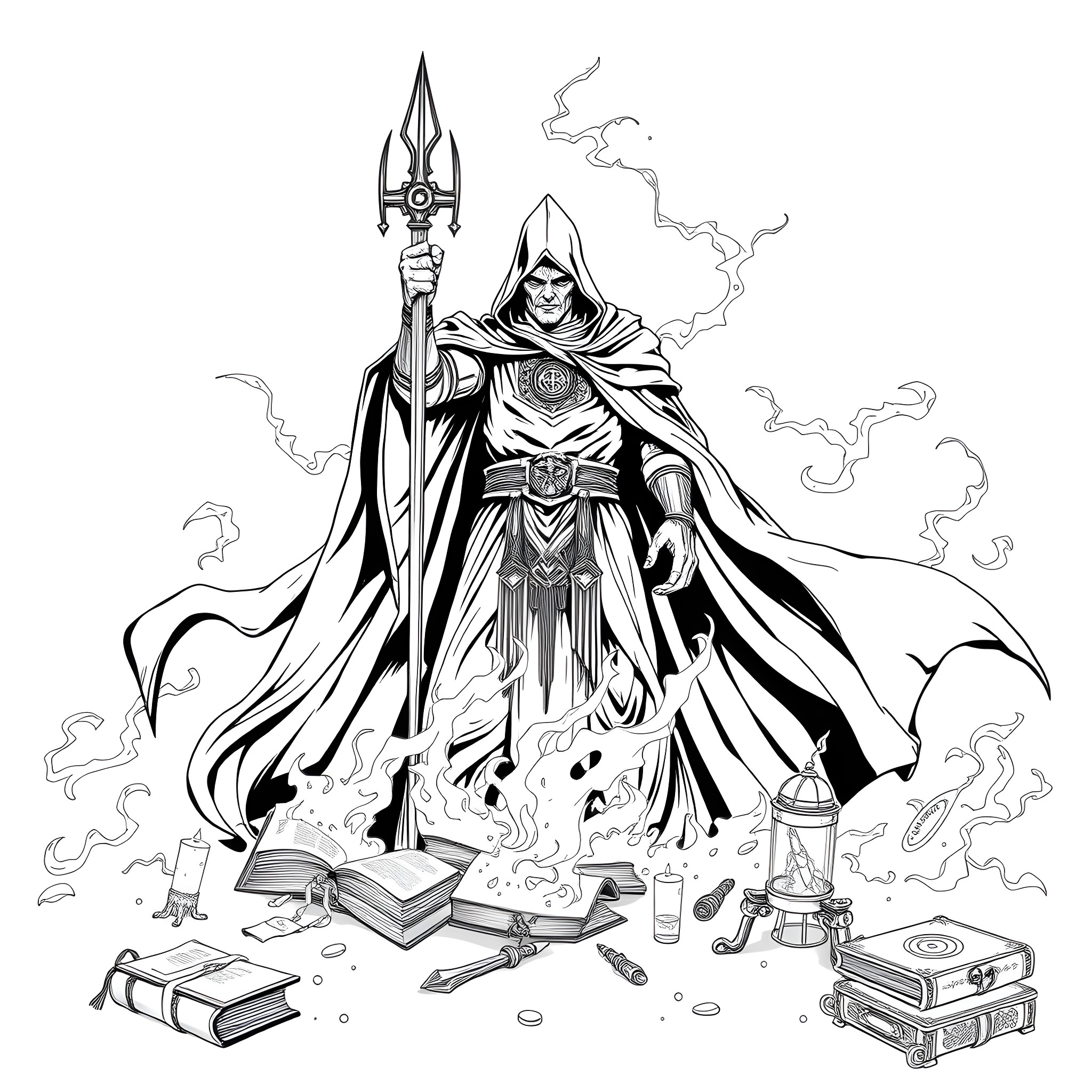 Davi, the Powerful Sorcerer Casting Spells Coloring Page (free black-and-white line drawing printable PDF for all, from beginners to advanced learners, including children, teens, adults, and seniors)