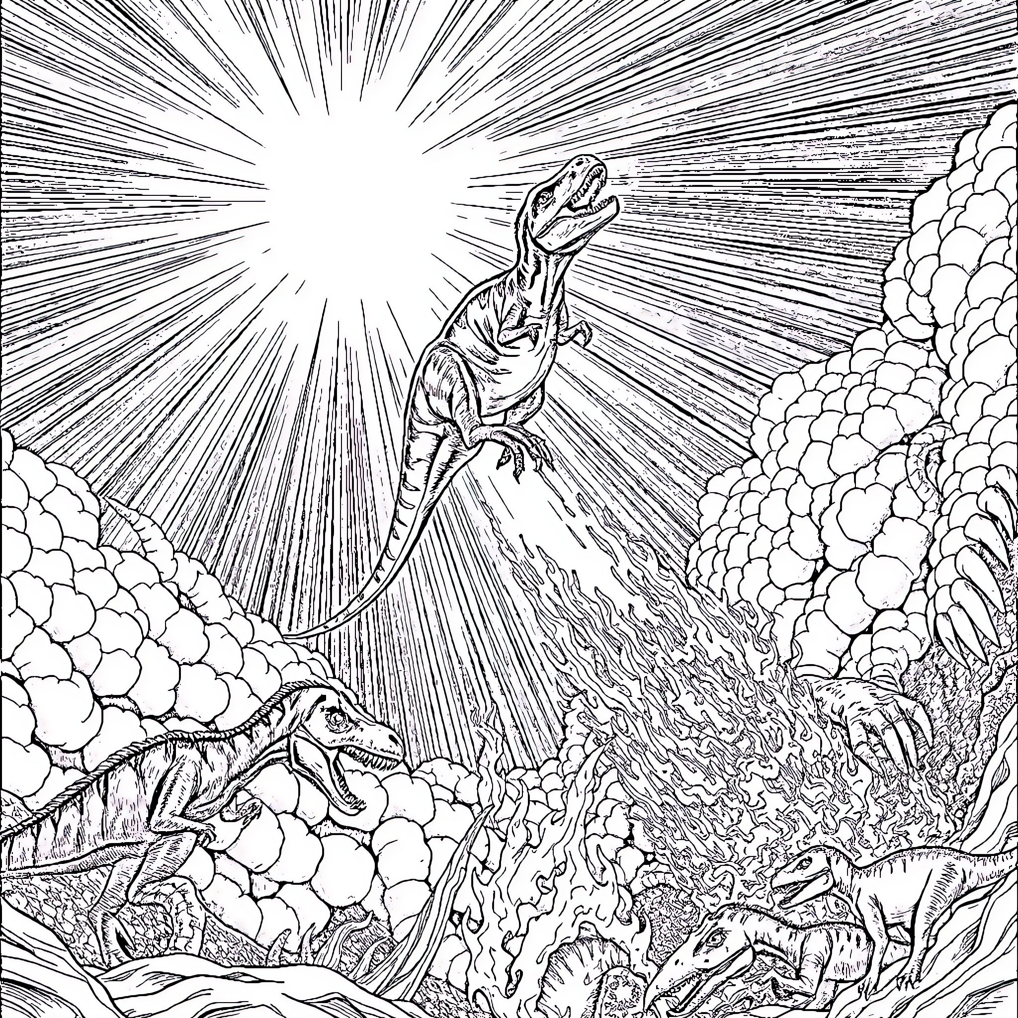 Velociraptor hunting in the prehistoric landscape Coloring Page (free black-and-white line drawing printable PDF for all, from beginners to advanced learners, including children, teens, adults, and seniors)