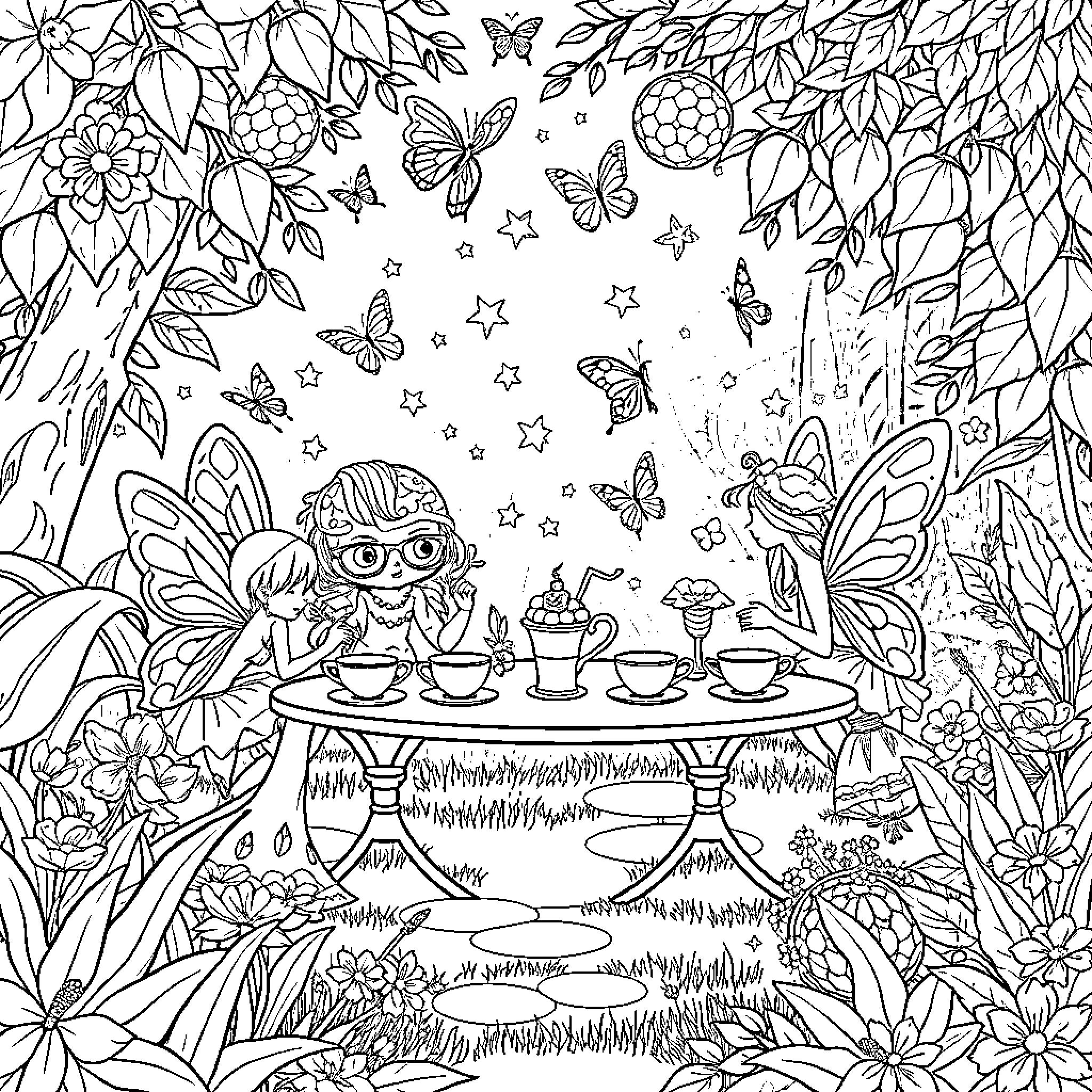Fairy tea party in enchanted forest Coloring Page (free black-and-white line drawing printable PDF for all, from beginners to advanced learners, including children, teens, adults, and seniors)