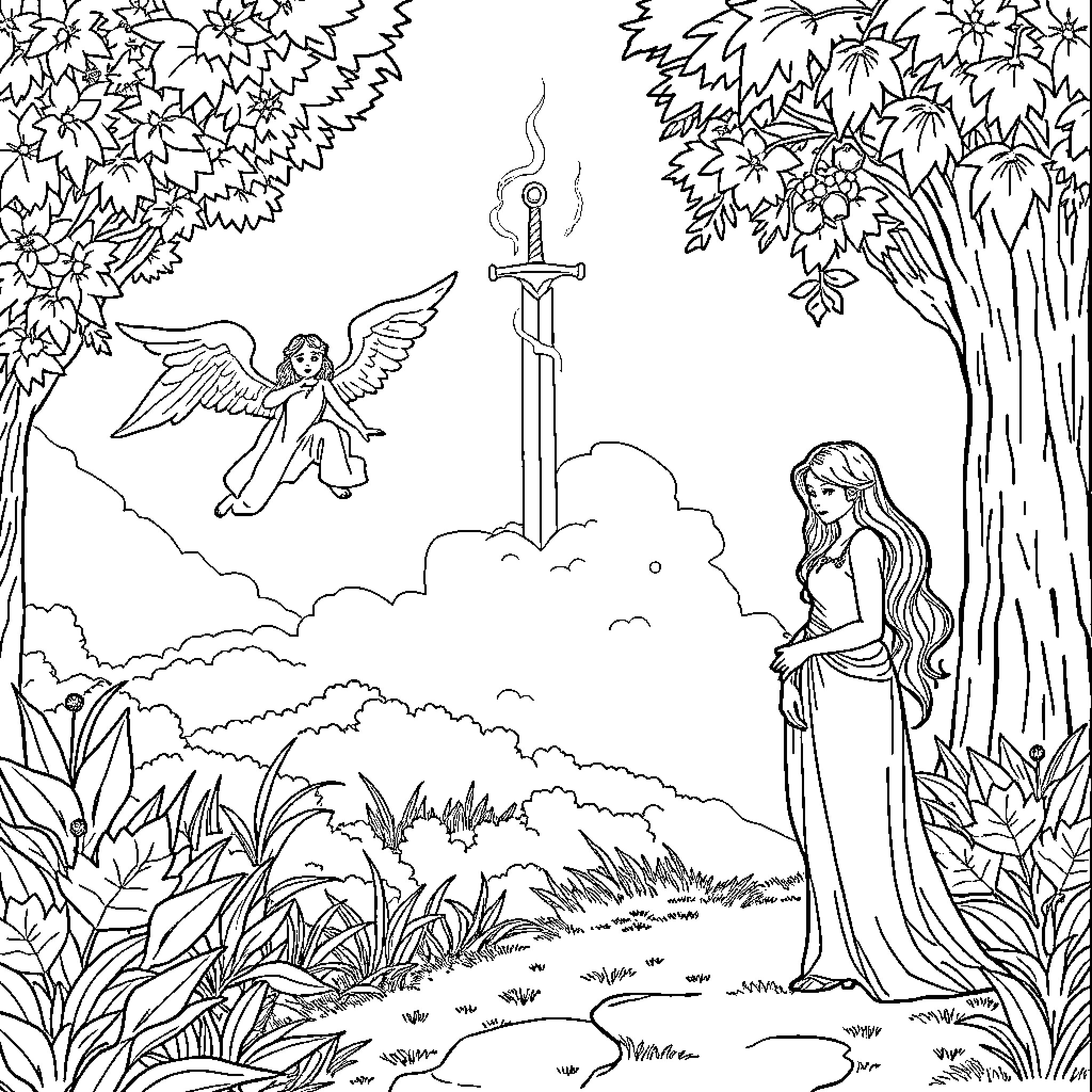 Adam and Eve's Encounter with the Angel in the Garden Coloring Page (free black-and-white line drawing printable PDF for all, from beginners to advanced learners, including children, teens, adults, and seniors)
