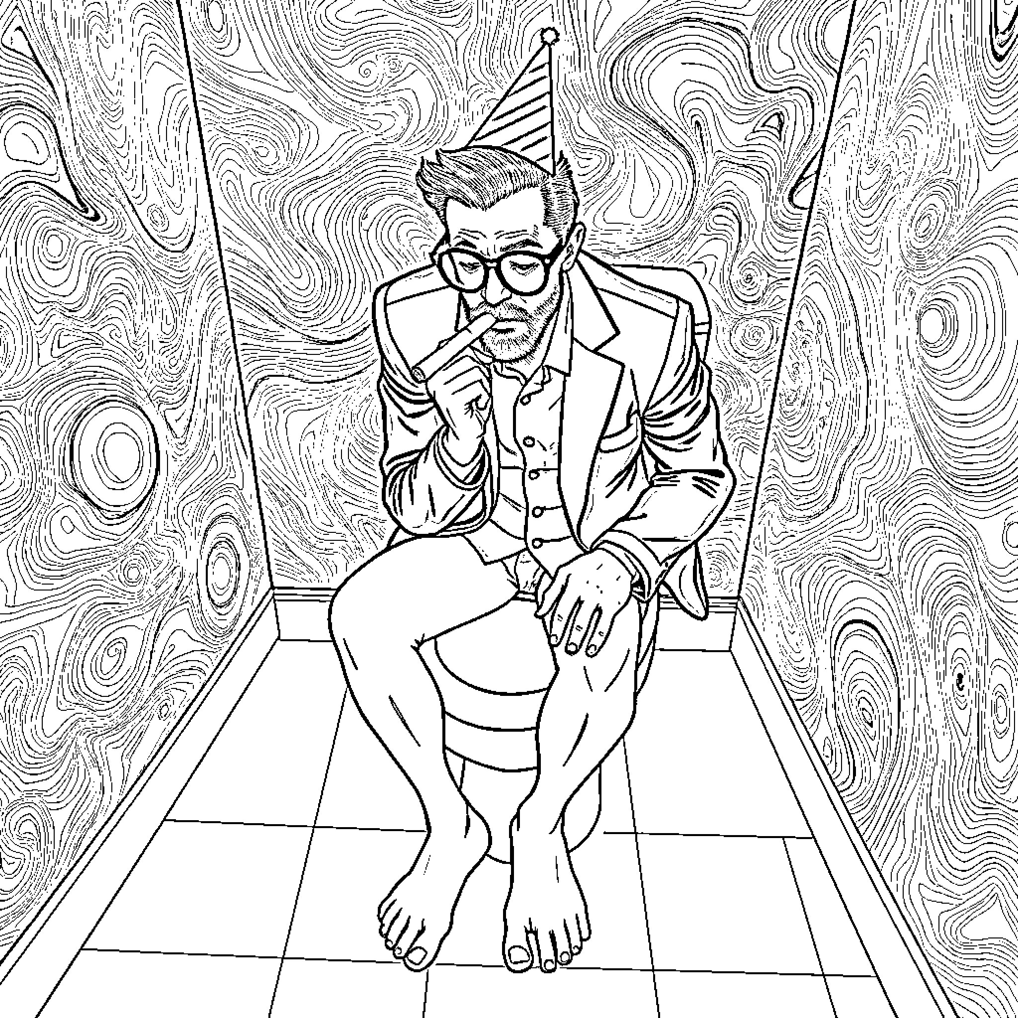 Man in formal attire sitting thoughtfully on the floor Coloring Page (free black-and-white line drawing printable PDF for all, from beginners to advanced learners, including children, teens, adults, and seniors)