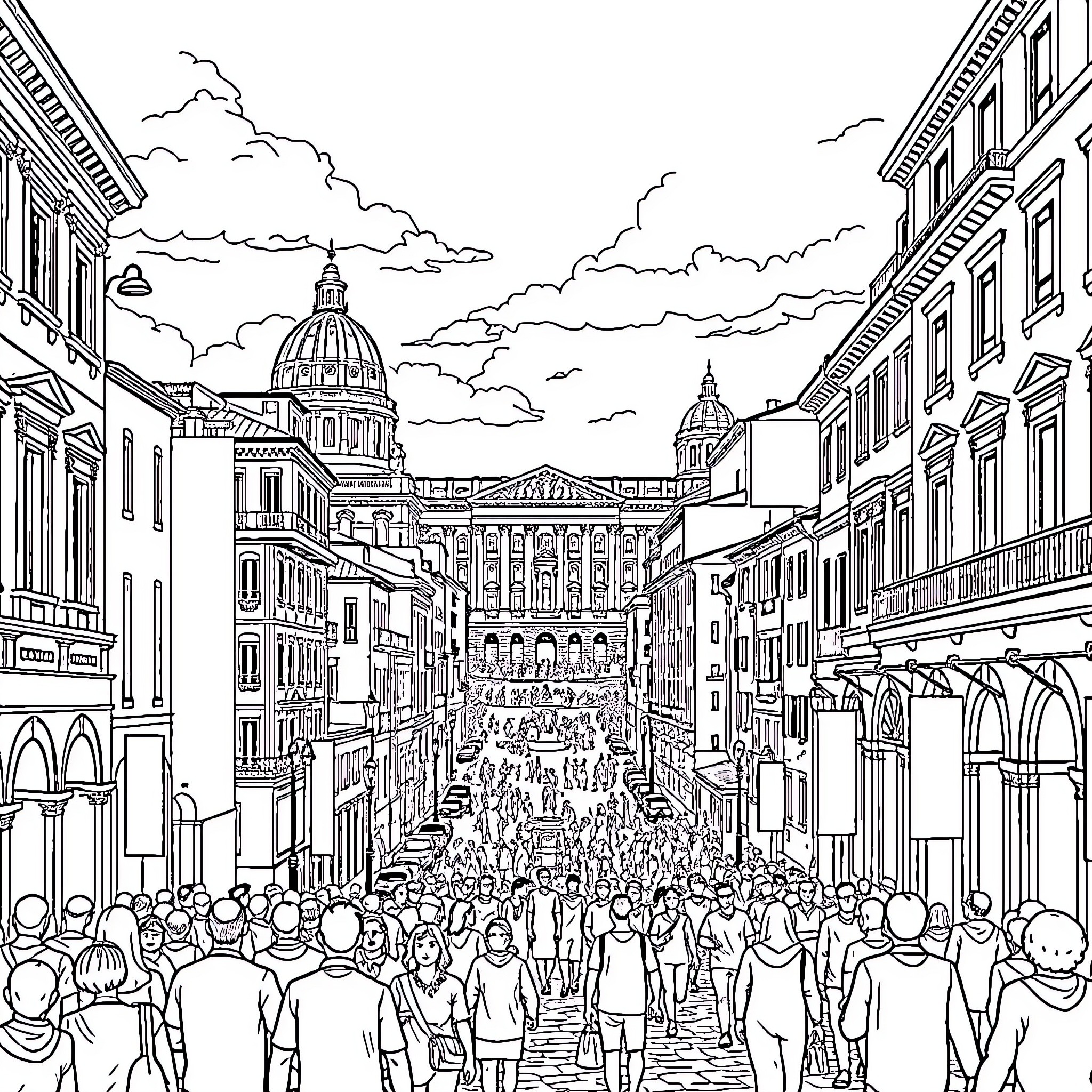 Rome's bustling streets, crowds, and historic architecture Coloring Page (free black-and-white line drawing printable PDF for all, from beginners to advanced learners, including children, teens, adults, and seniors)