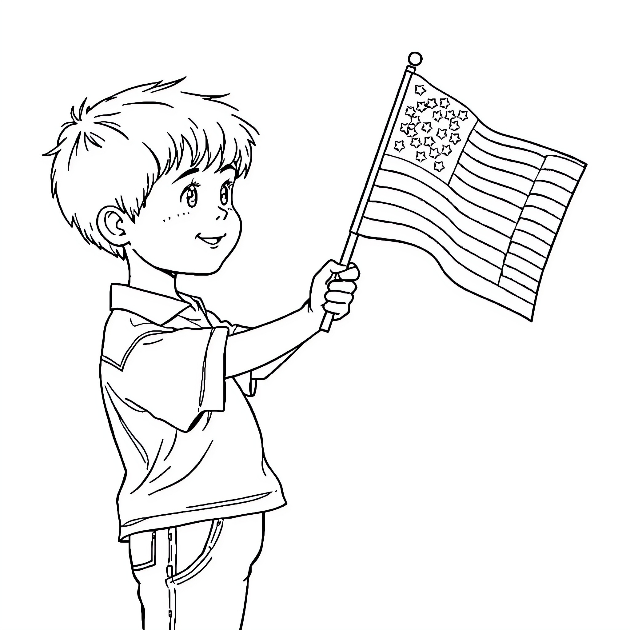 Boy Proudly Holding American Flag Coloring Page (free black-and-white line drawing printable PDF for all, from beginners to advanced learners, including children, teens, adults, and seniors)