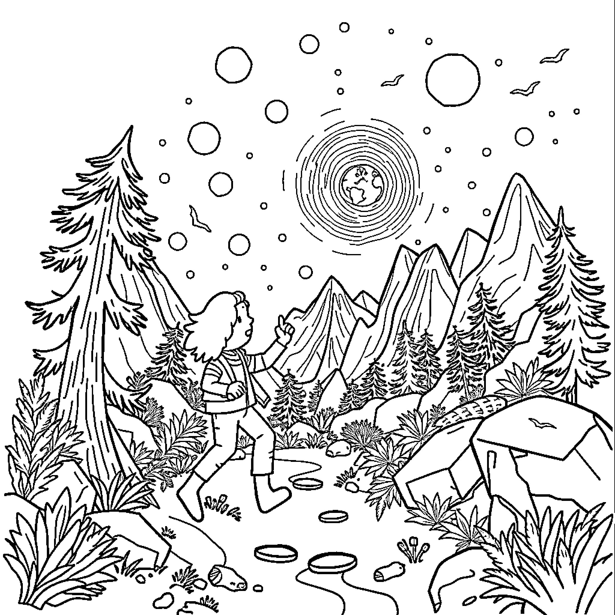 Adventure Time in the Magical Mountain Landscape Coloring Page (free black-and-white line drawing printable PDF for all, from beginners to advanced learners, including children, teens, adults, and seniors)