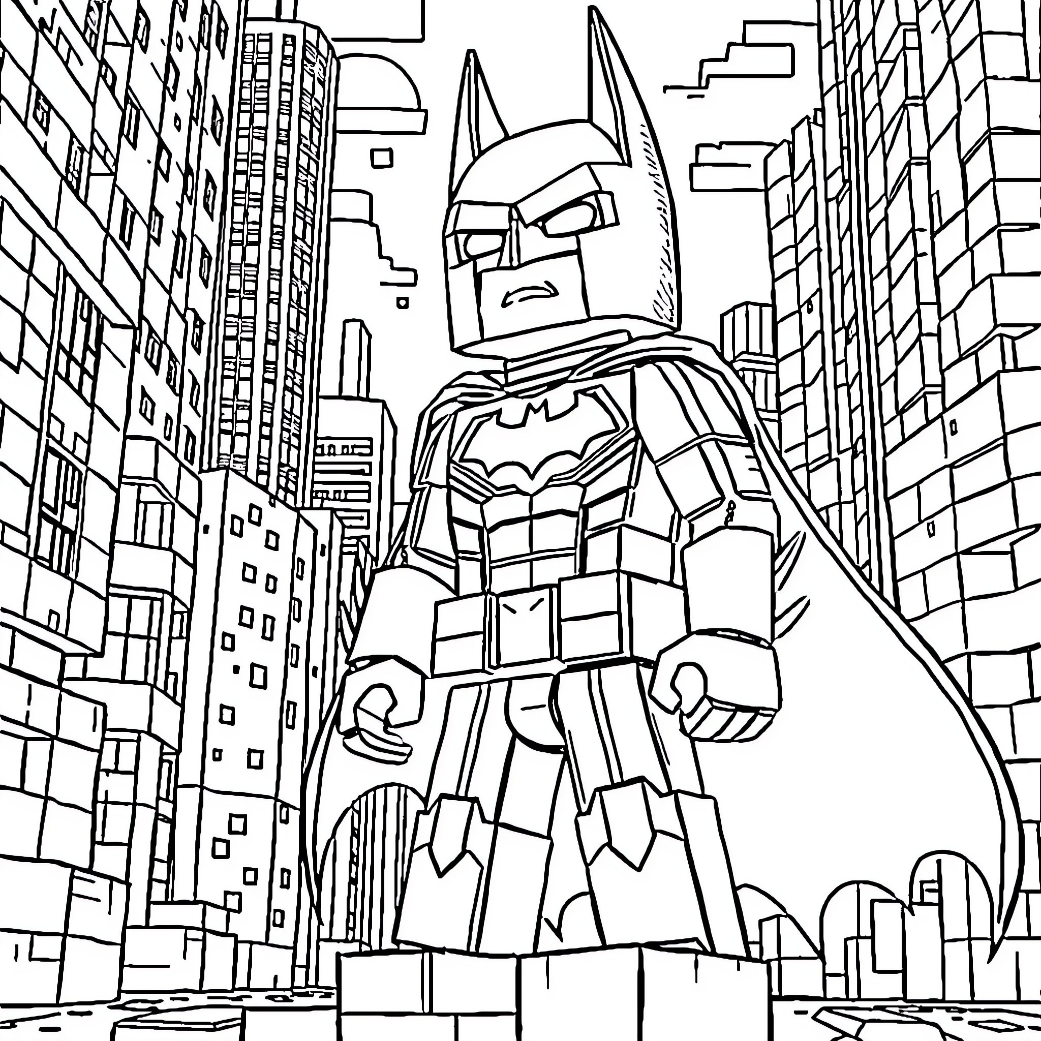 Batman Heroic Pose in Gotham City Skyline Coloring Page (free black-and-white line drawing printable PDF for all, from beginners to advanced learners, including children, teens, adults, and seniors)