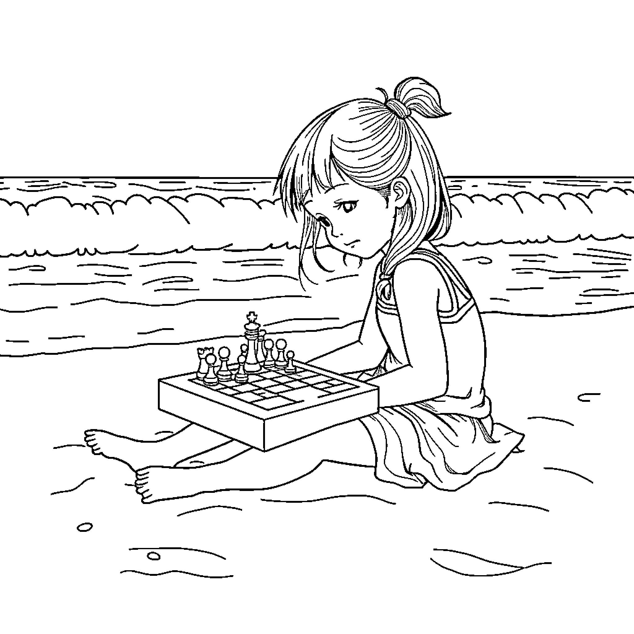 Girl playing chess by the beach Coloring Page (free black-and-white line drawing printable PDF for all, from beginners to advanced learners, including children, teens, adults, and seniors)
