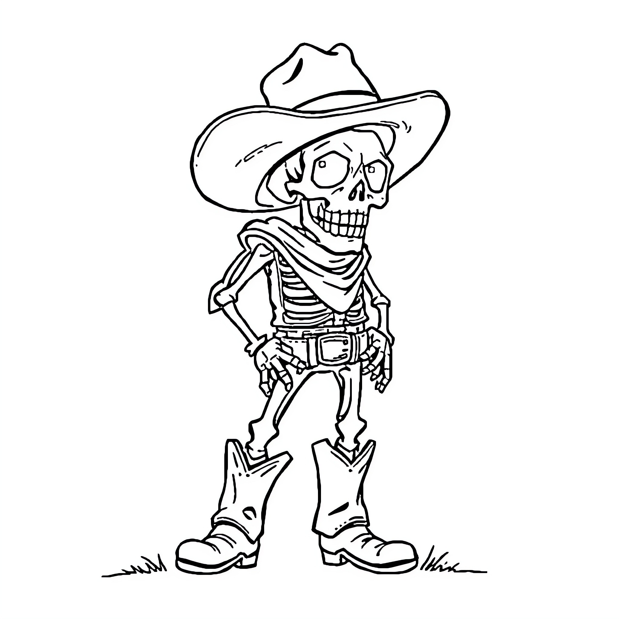 Cowboy skeleton in western gear Coloring Page (free black-and-white line drawing printable PDF for all, from beginners to advanced learners, including children, teens, adults, and seniors)