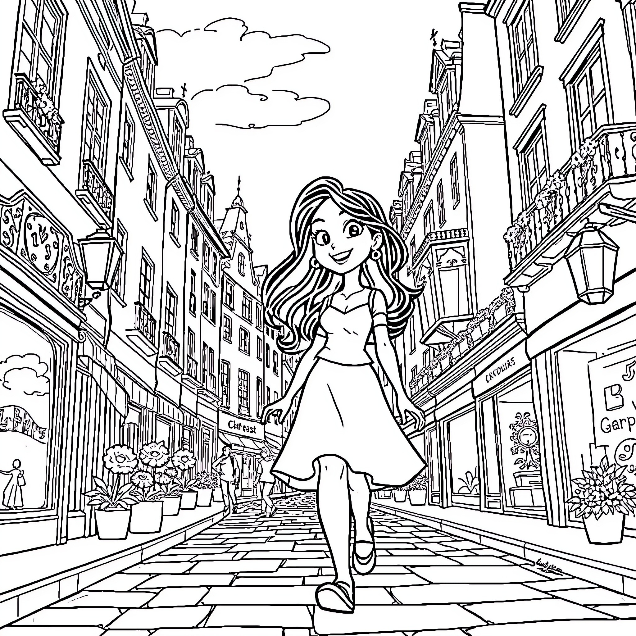 Vahina's Casual Stroll Through the Bustling City Coloring Page (free black-and-white line drawing printable PDF for all, from beginners to advanced learners, including children, teens, adults, and seniors)