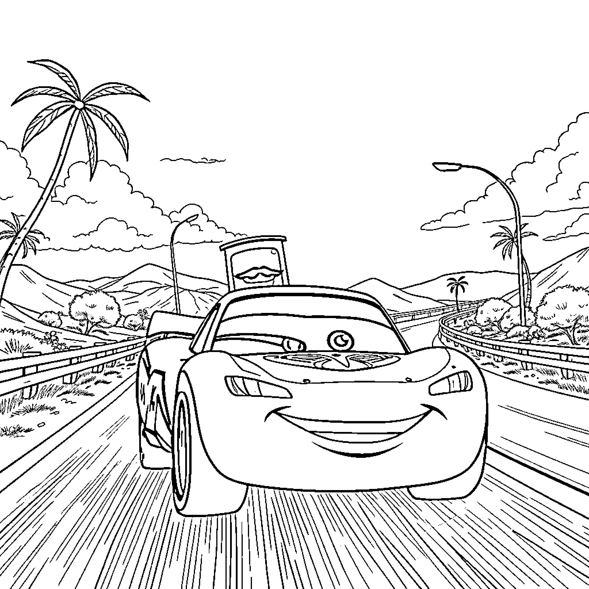Lightning McQueen's Coastal Road Trip Adventure Coloring Page (free black-and-white line drawing printable PDF for all, from beginners to advanced learners, including children, teens, adults, and seniors)